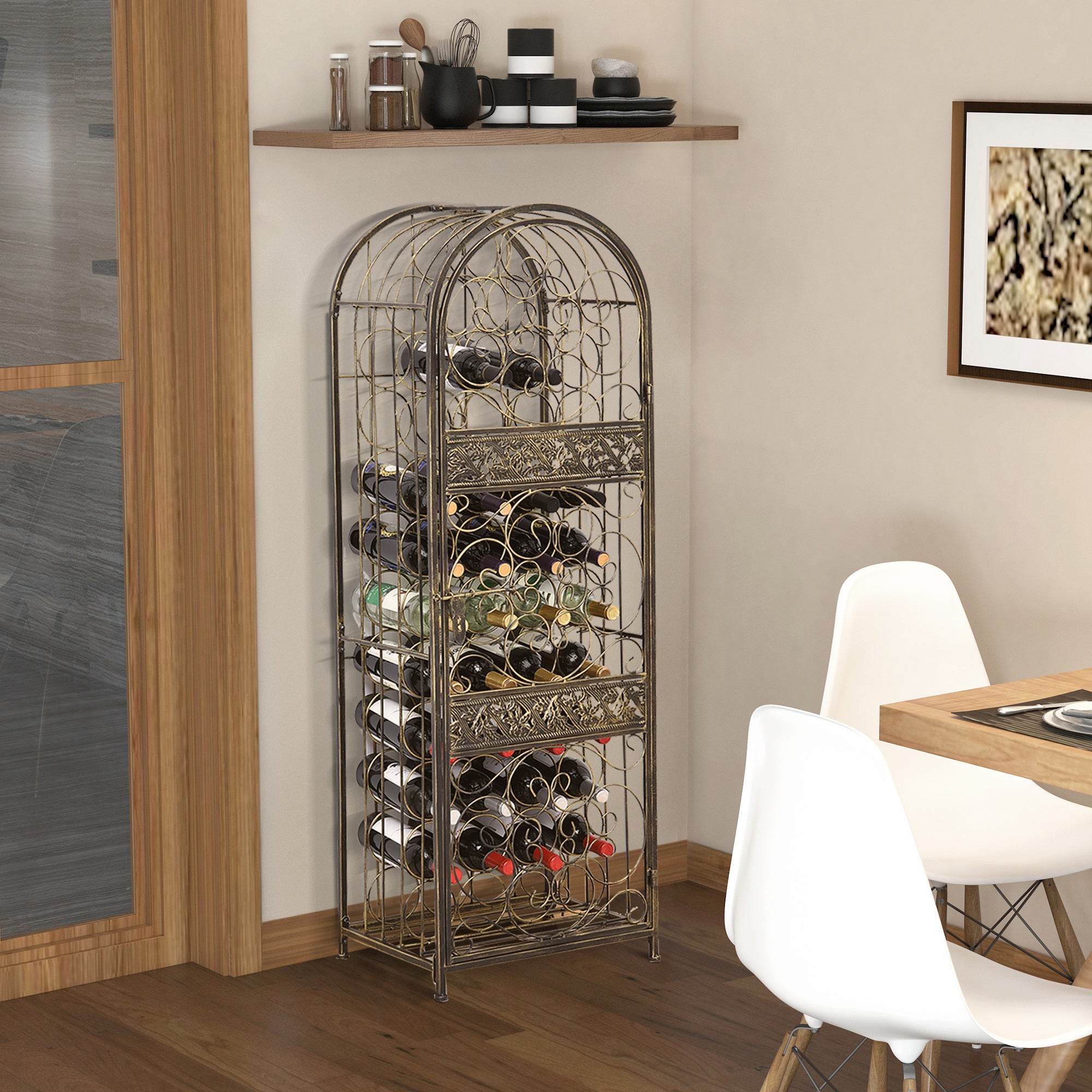 Haoyye 45 Bottle Wrought Iron Wine Rack with Lock, Antique Bronze Freestanding Wine Cabinet with Scrollwork Door, Vintage Metal Wine Jail Storage for Kitchen, Dining Room, Home Bar, Sturdy Space-Saving Organizer, Modern Rustic Design