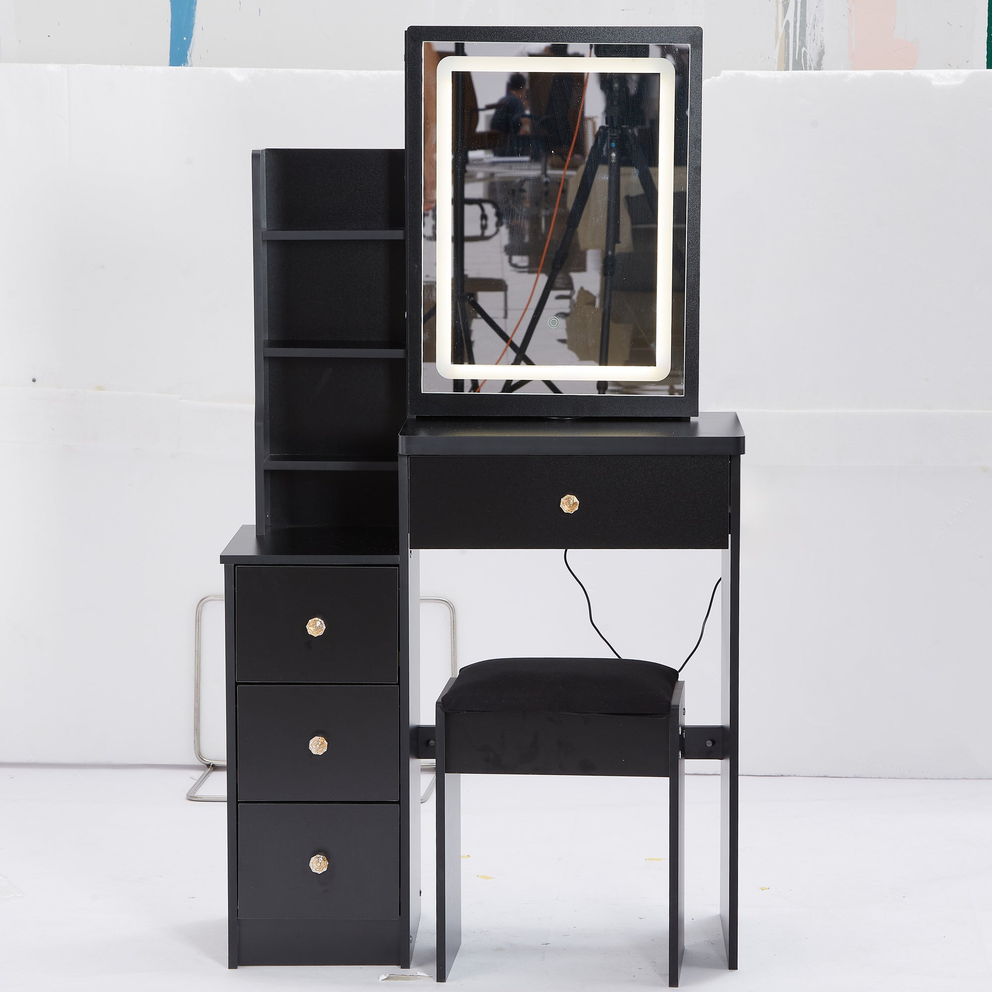 HAOYYE Small Size Left Bedside Cabinet Vanity Table + Cushioned Stool, Touch Control Sliding LED Mirror, Tri-color Switching, Brightness Adjust, Multi Layer, Suitable for Small Space, EPA,GCC,UL Certificate