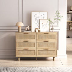HAOYYE Natural 6-Drawer Rattan Storage Cabinet for Bedroom, Living Room, Sturdy Space-Saving Design, Heavy Duty Construction, Modern Style, Easy Assembly