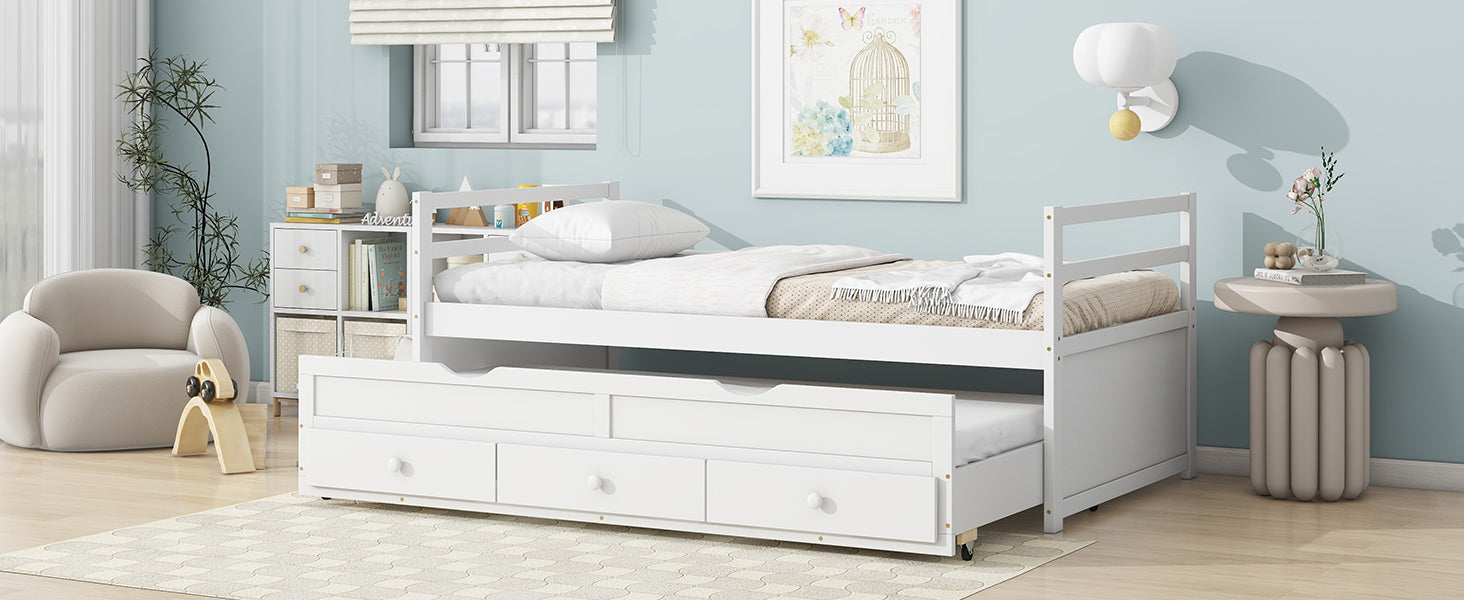 HAOYYE Twin Bed with Headboard, Footboard, Trundle and Storage Drawers, Pine Wood Twin Size Bed, White, Sturdy Space-Saving Heavy Duty Construction, Ideal for Adults and Dorm Rooms