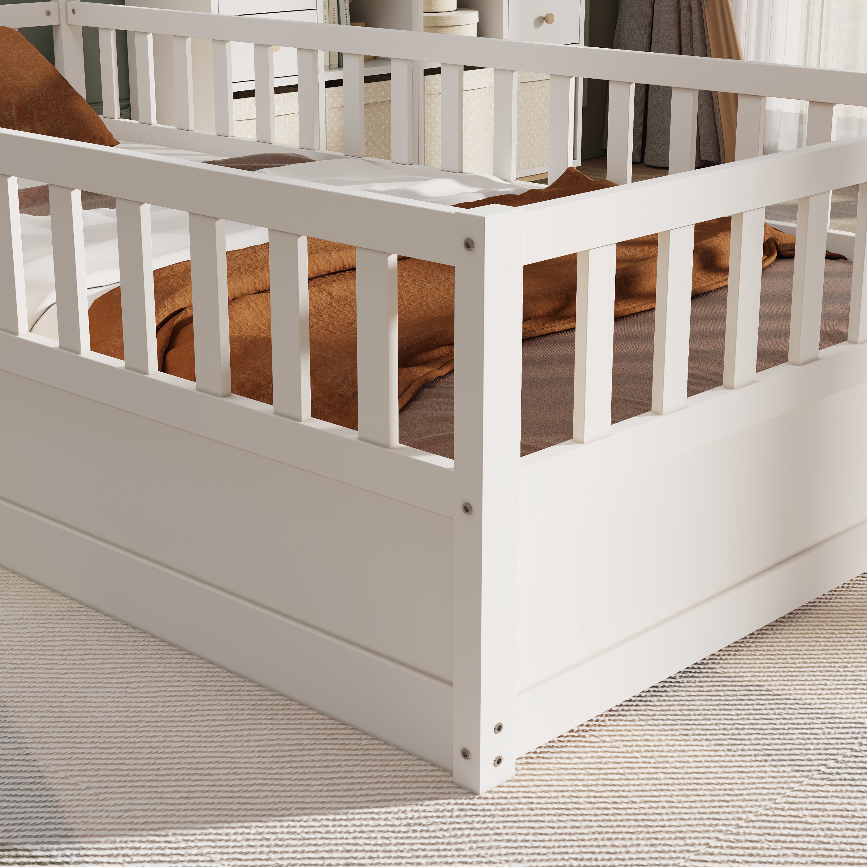 HAOYYE Twin Size Floor bed, integral construction with super high security barrier, door, 's floor bed frame, Montessori wooden 's floor bed, white Sturdy Space-Saving Heavy Duty Adults