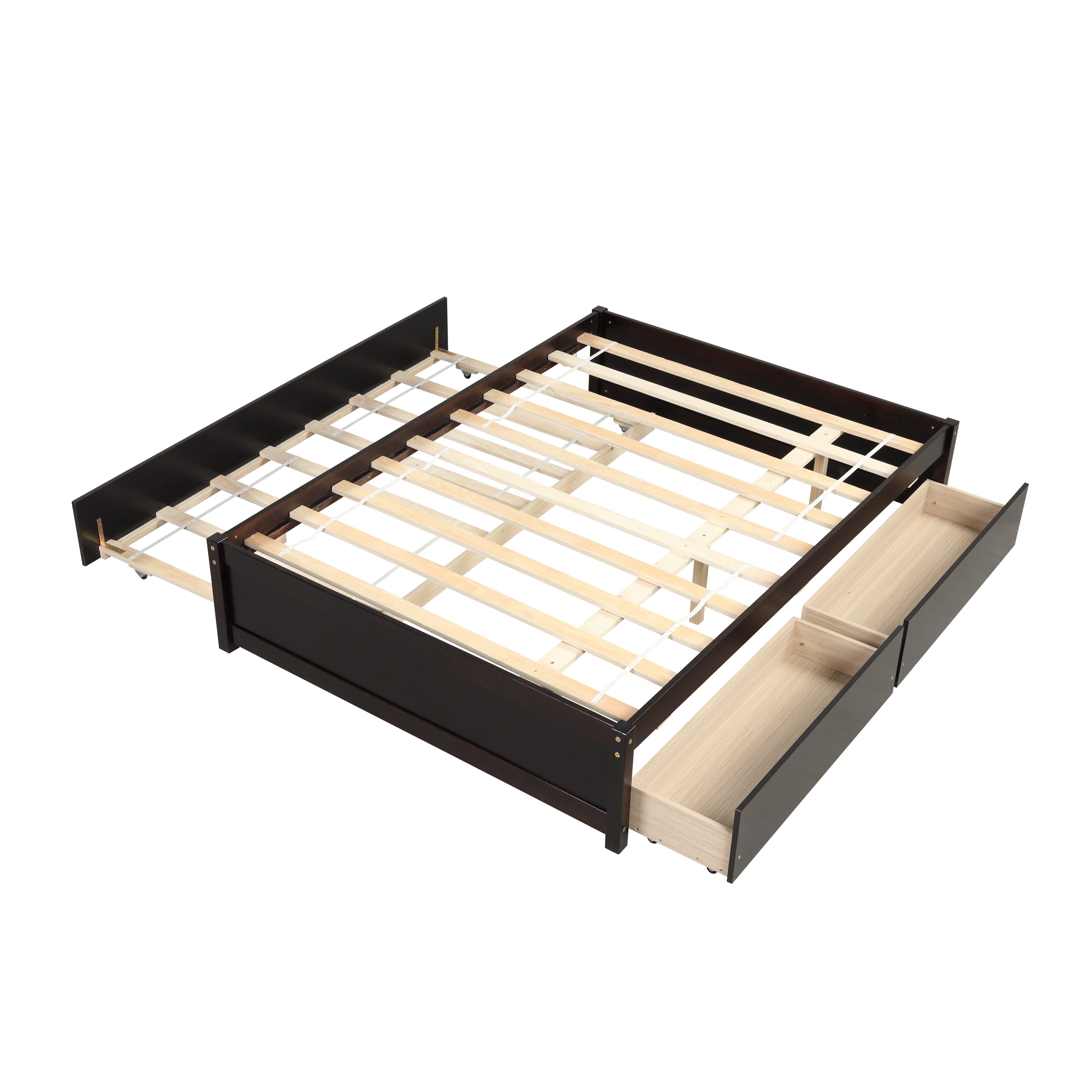HAOYYE Full Bed With Trundle And Two Storage Drawers, Espresso Wood Platform Bed Frame, Space-Saving Heavy Duty Design, Modern Style For Bedroom Or Dorm Room, Easy Assembly