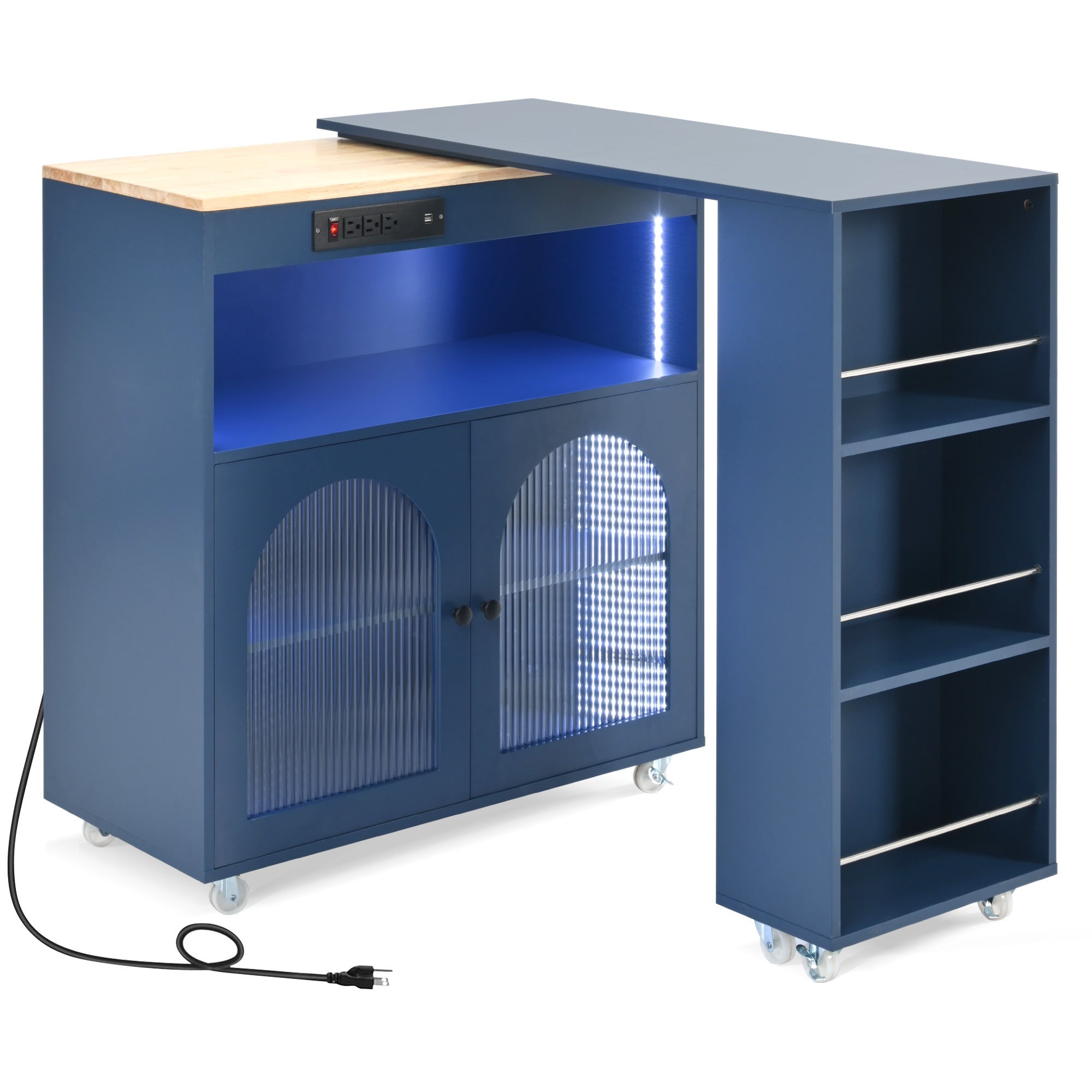 HAOYYE Navy Rolling Kitchen Island With Extended Table, LED Lights, Power Outlets, Fluted Glass Doors, Storage Compartment, and Open Shelves, Sturdy Space-Saving Design, Easy Assembly
