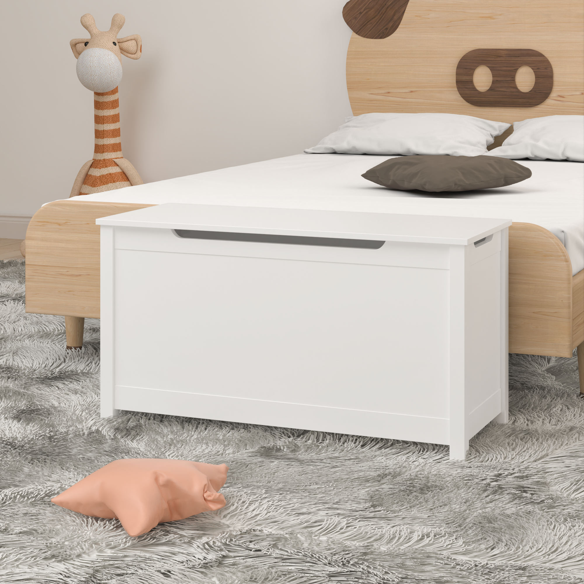 HAOYYE Wooden Toy Box Storage with Safety Hinged Lid, White, Sturdy Space-Saving Design, Easy Assembly, Durable and Stylish Home Furniture