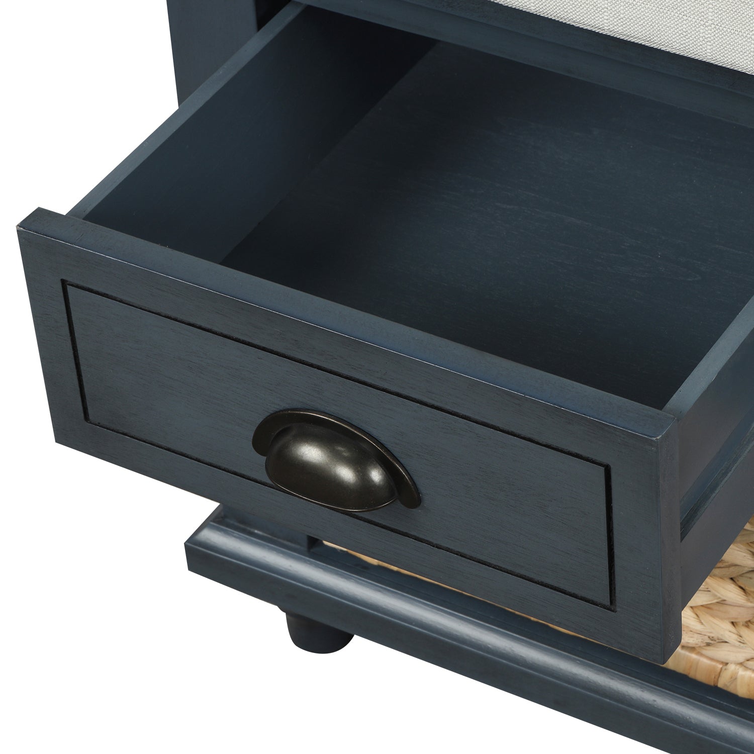 HAOYYE Rustic Storage Bench with Three Drawers and Three Rattan Baskets, Shoe Bench for Living Room or Entryway, Antique Navy, Sturdy Space-Saving Design, Heavy Duty Construction, Easy Assembly, Durable and Stylish Home Furniture