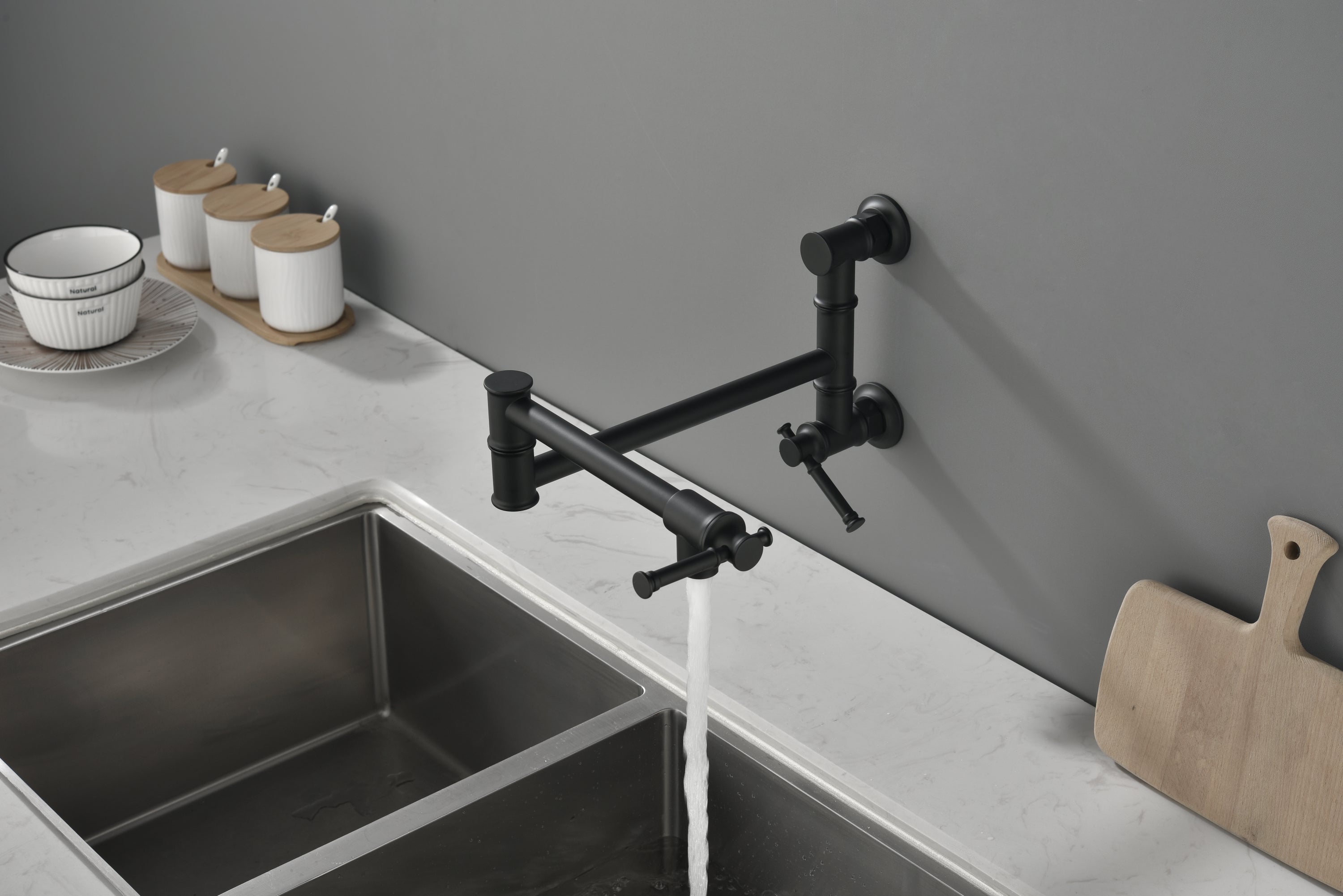 HAOYYE Wall mounted Pot Filler Faucet, Modern Brass Pot Filler Two-Attachment Wall Mount Folding Kitchen Pot Filler Swing Arm Sturdy Space-Saving Heavy Duty Modern Design Adults Dorm Room Easy Assembly