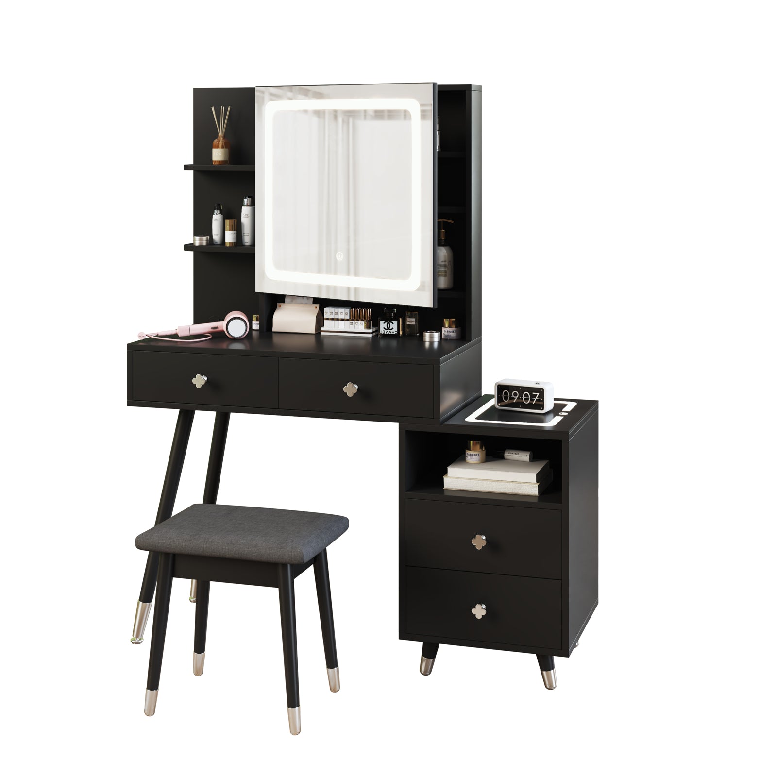HAOYYE Vanity Dressing Table Set with LED Three-Tone Light Mirror, 4 Drawers, 2-Layer Shelf, Mirror Cabinet with Light Strips, Pitted Particle Board with Melamine Finish, Solid Wood Legs with Copper Sheath, Makeup Desk with Storage for Bedroom