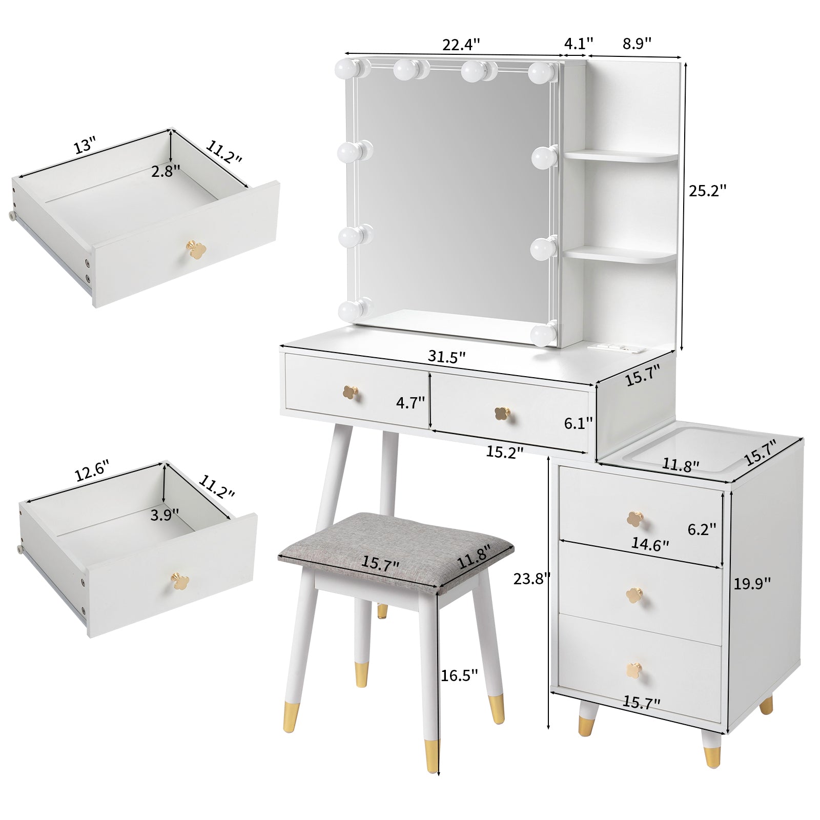 HAOYYE Vanity Table with LED Three-Tone Mirror, 5 Drawers, 2-Layer Shelf, Mirror Cabinet, Pitted Particle Board with Triamine Coating, Solid Wood Legs with Copper Sheath, Makeup Table for Bedroom, Dressing Room, or Bathroom