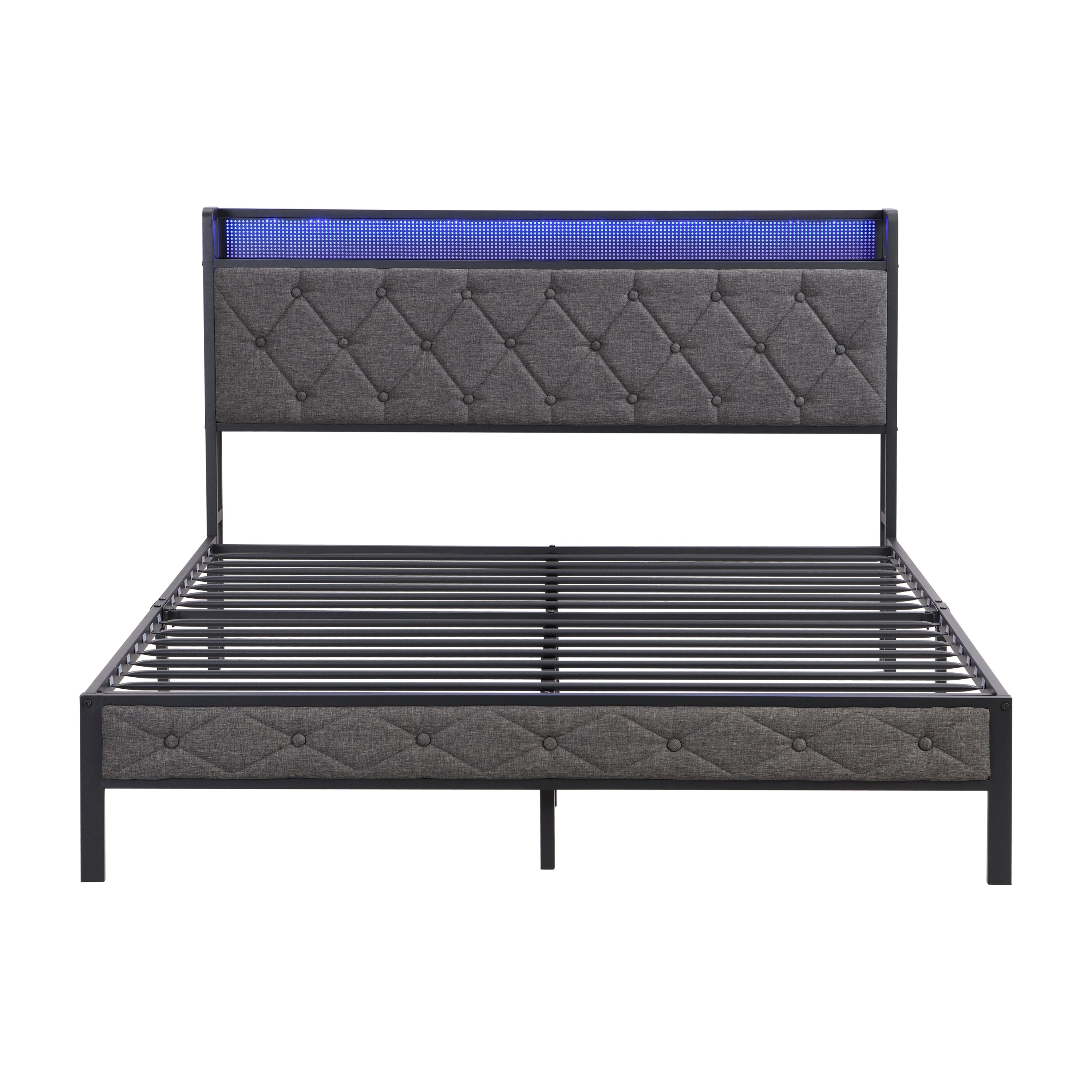 HAOYYE Full Bed Frame with Storage Headboard, Charging Station and LED Lights, Upholstered Platform Bed with Heavy Metal Slats, No Box Spring Needed, Noise Free, Easy Assembly, Dark Gray Sturdy Space-Saving