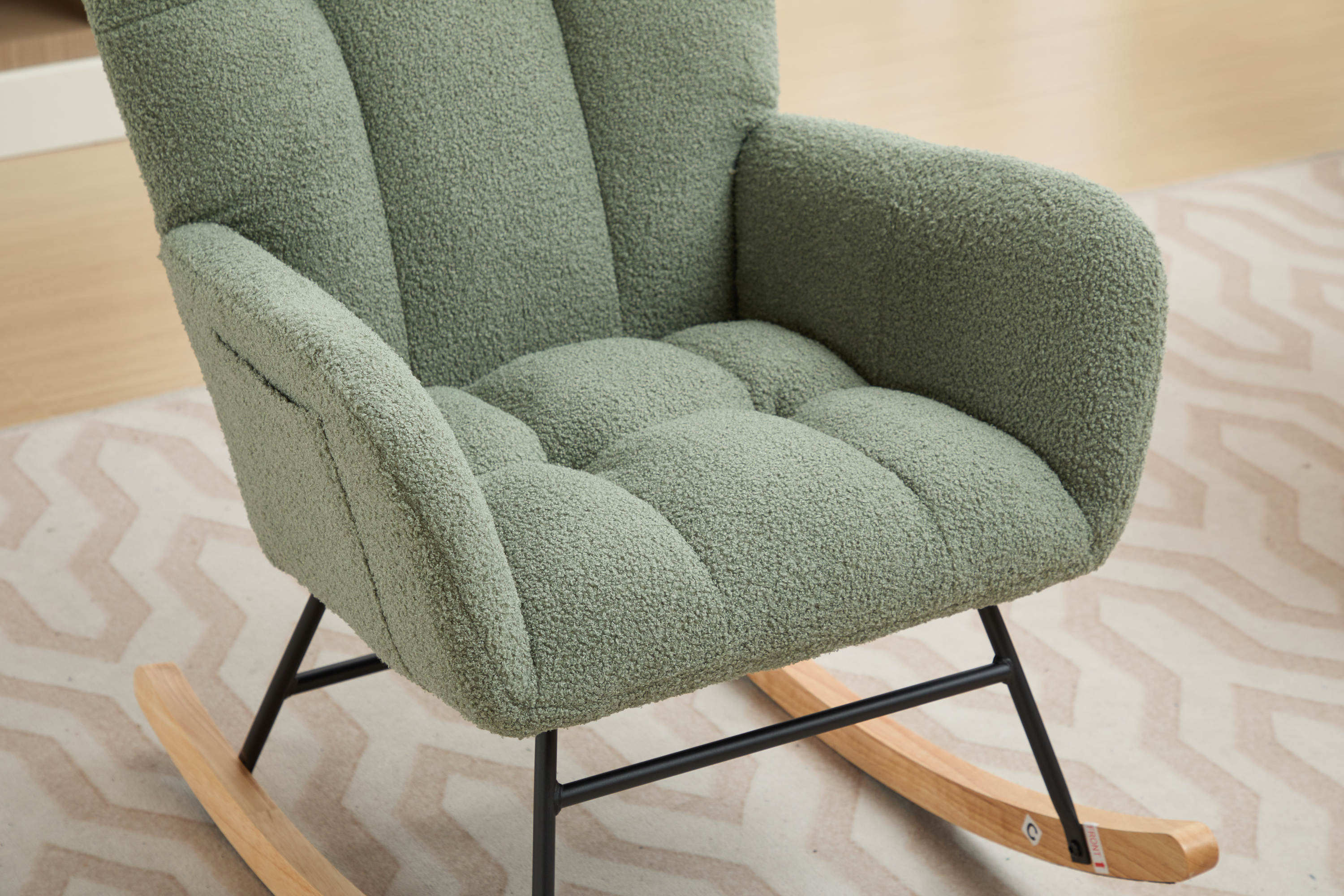 Haoyye Modern Upholstered Nursery Rocking Chair with High Backrest, Teddy Fabric Glider Accent Armchair with Solid Wood Legs and Metal Frame, Comfortable Rocker for Bedroom, Living Room or Lounge, Gentle Swing Chair in Green