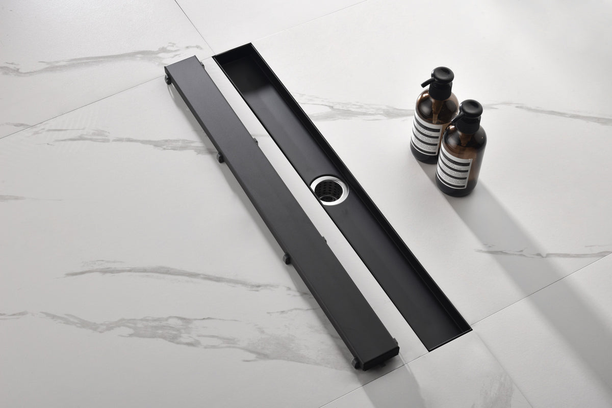 Haoyye Linear Shower Drain with Removable Quadrato Grate, 24 Inch 304 Stainless Steel Shower Floor Drain with Hair Strainer and Adjustable Leveling Feet, Easy to Install for Bathroom, Kitchen, Garage or Basement, Modern Recessed Design