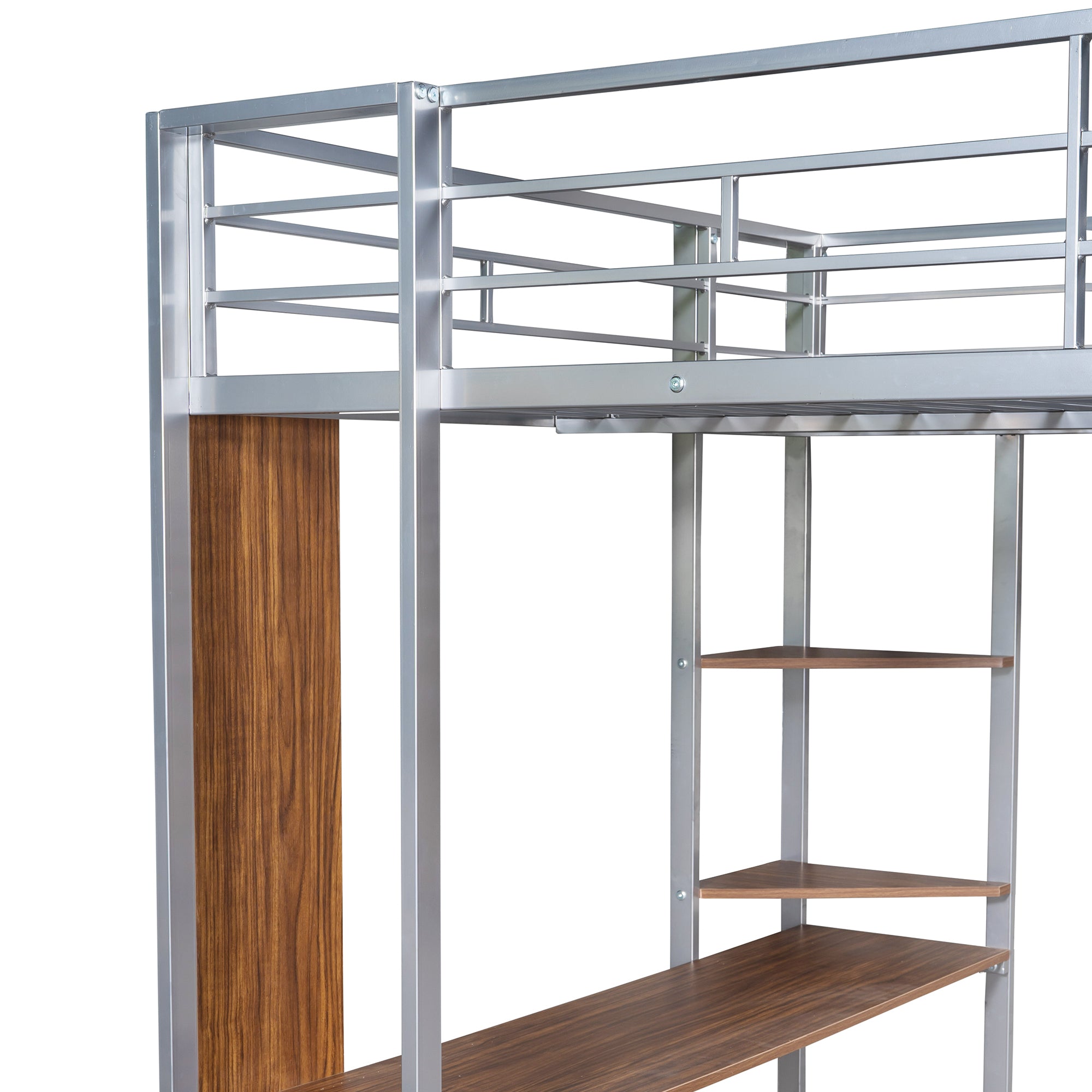 HAOYYE Full Size Metal Loft Bed with 2 Built-in Shelves & Desk, Silver – Space-Saving Design with Sturdy Metal Frame, Includes Full-Length Guardrails & Ladder, No Box Spring Needed, Perfect for Small Bedrooms & Dorm Rooms