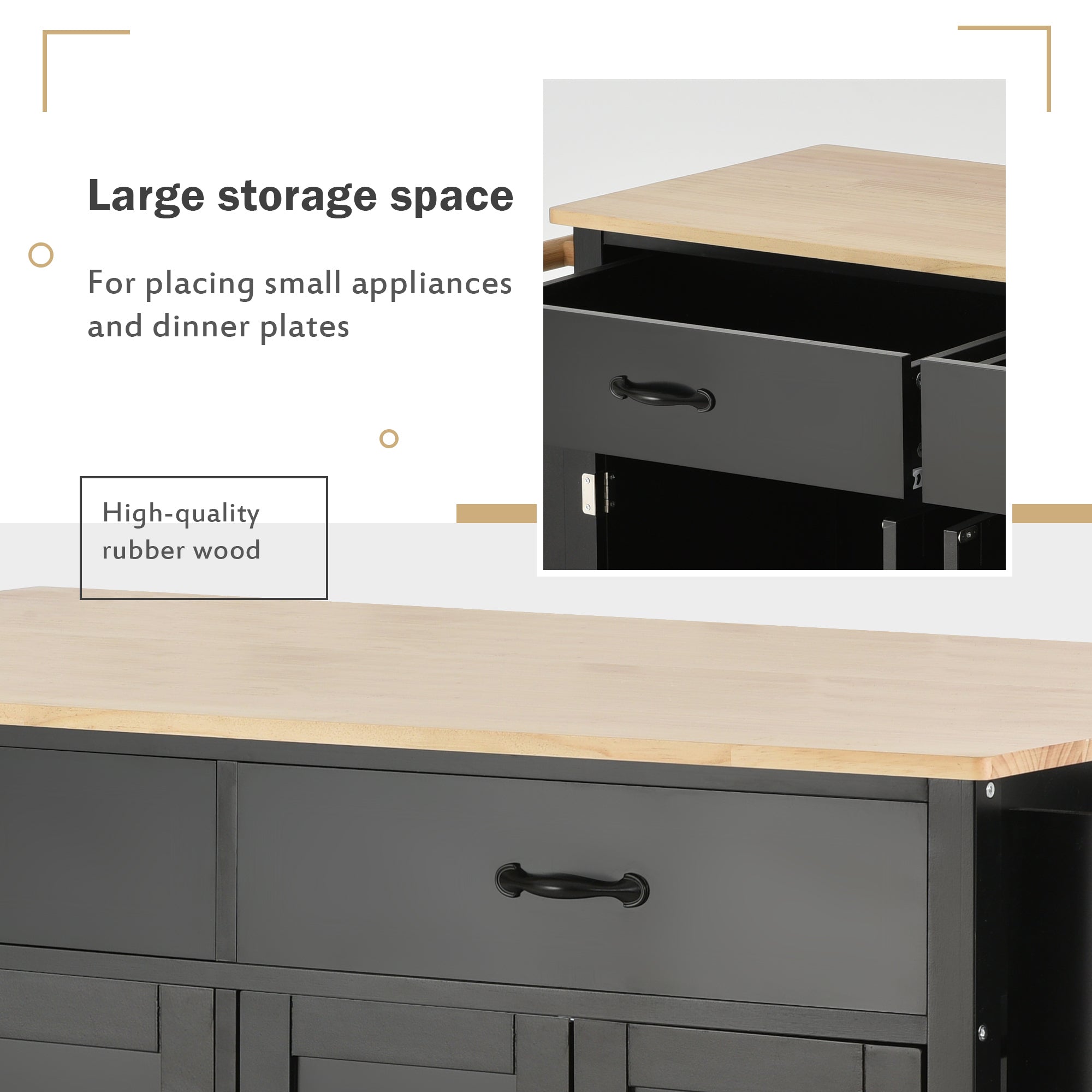 HAOYYE Kitchen Island Cart with Solid Wood Top, 4-Door Cabinet, Two Drawers, Spice Rack, and Towel Rack, Black Modern Kitchen Storage, Heavy Duty, Space-Saving Design, Mobile Island for Kitchen or Dining Room