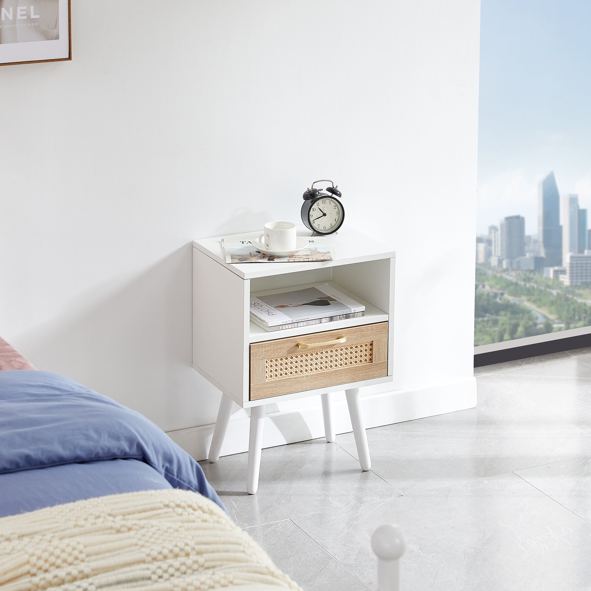 HAOYYE Rattan End Table With Drawer And Solid Wood Legs, Modern Nightstand For Bedroom And Living Room, Sturdy Space-Saving Heavy Duty Design, Easy Assembly, White