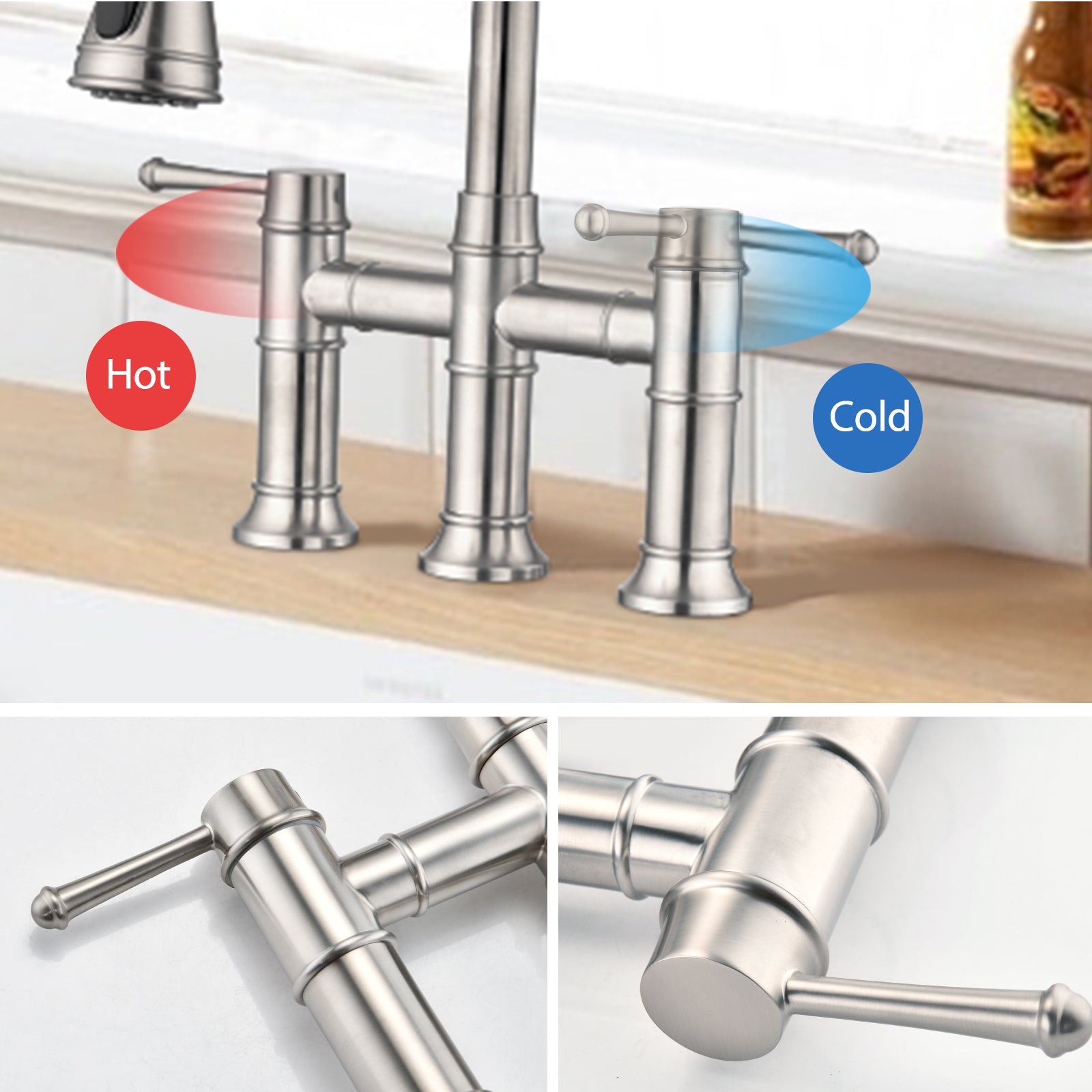 HAOYYE Double Handle Bridge Kitchen Faucet With Pull-Down Spray Head Sturdy Space-Saving Heavy Duty Modern Design Adults Dorm Room Easy Assembly Bedroom Furniture