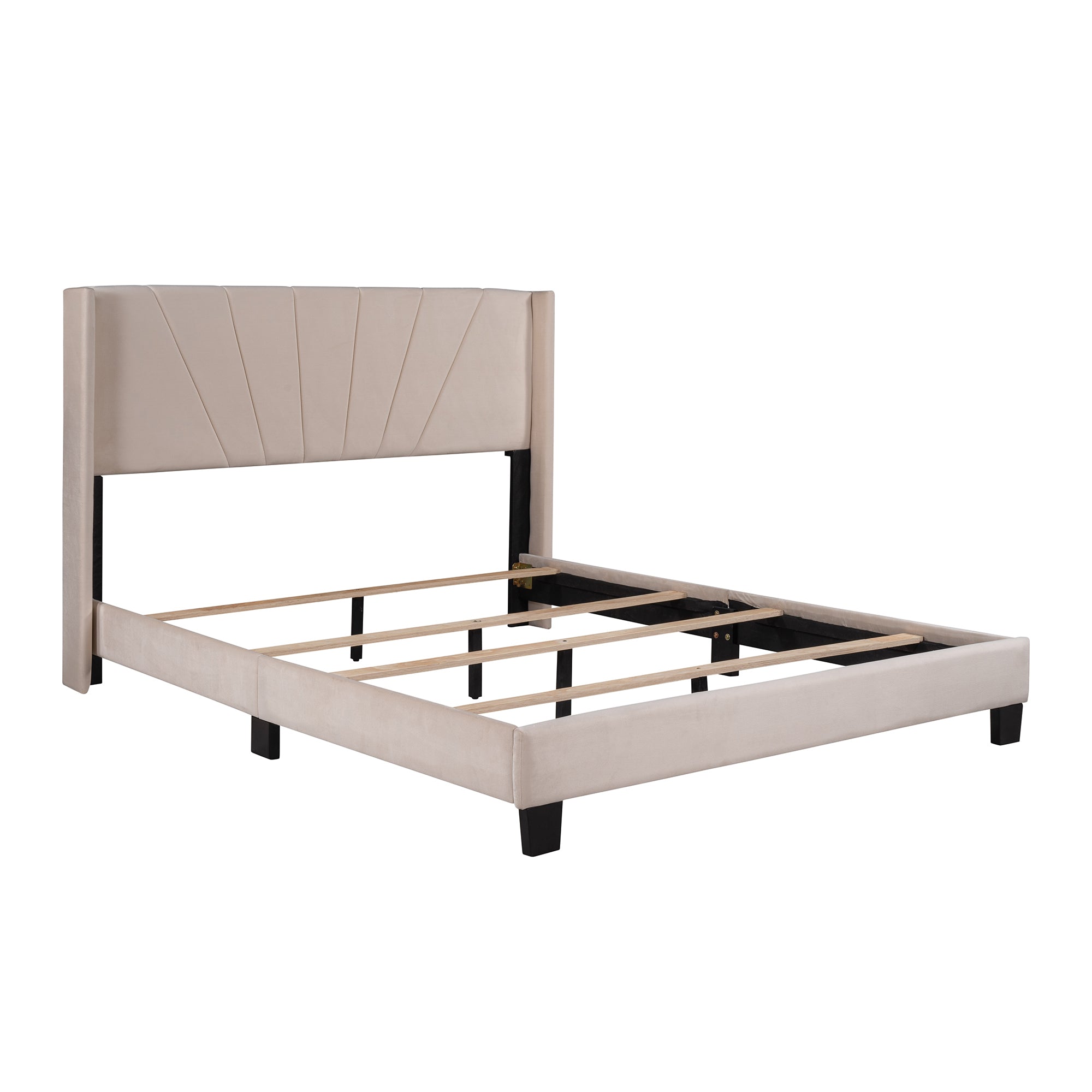 HAOYYE Queen Size Velvet Upholstered Platform Bed, Box Spring Needed - Beige Sturdy Space-Saving Heavy Duty Modern Design Adults Dorm Room Easy Assembly Bedroom Furniture
