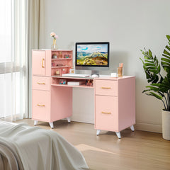 HAOYYE Pink Nail Table with Tempered Glass Top and Relief Particle Board Finish, Featuring Three Doors and Two Drawers, Fanless Quiet Design Perfect for Salon Manicure Station or Home Beauty Workspace