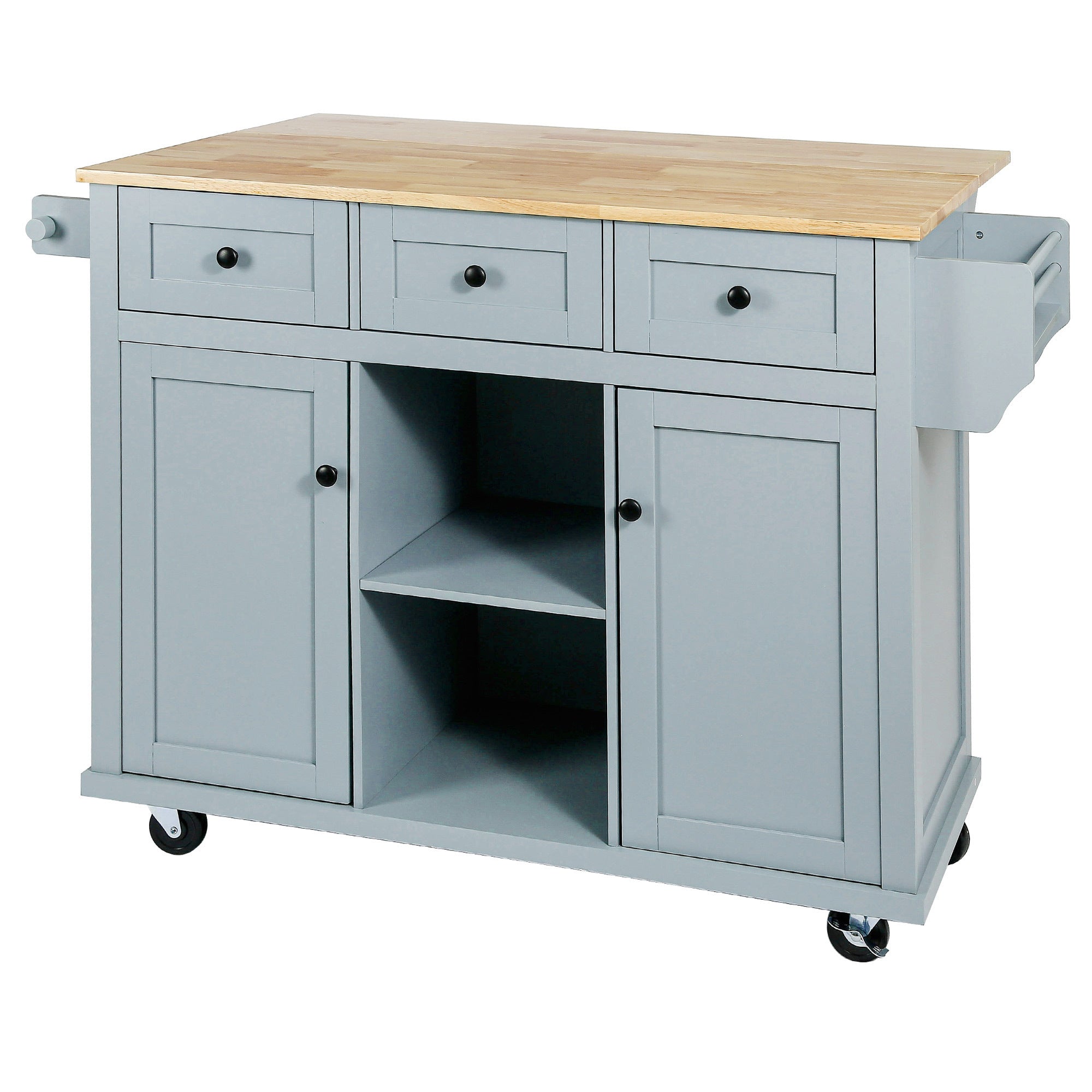 HAOYYE Kitchen Cart with Rubberwood Drop-Leaf Countertop, Cabinet Door Internal Storage Racks, Kitchen Island on 5 Wheels with Storage Cabinet and 3 Drawers for Dining Room, Grey Blue, Sturdy Space-Saving Design, Durable Home Furniture