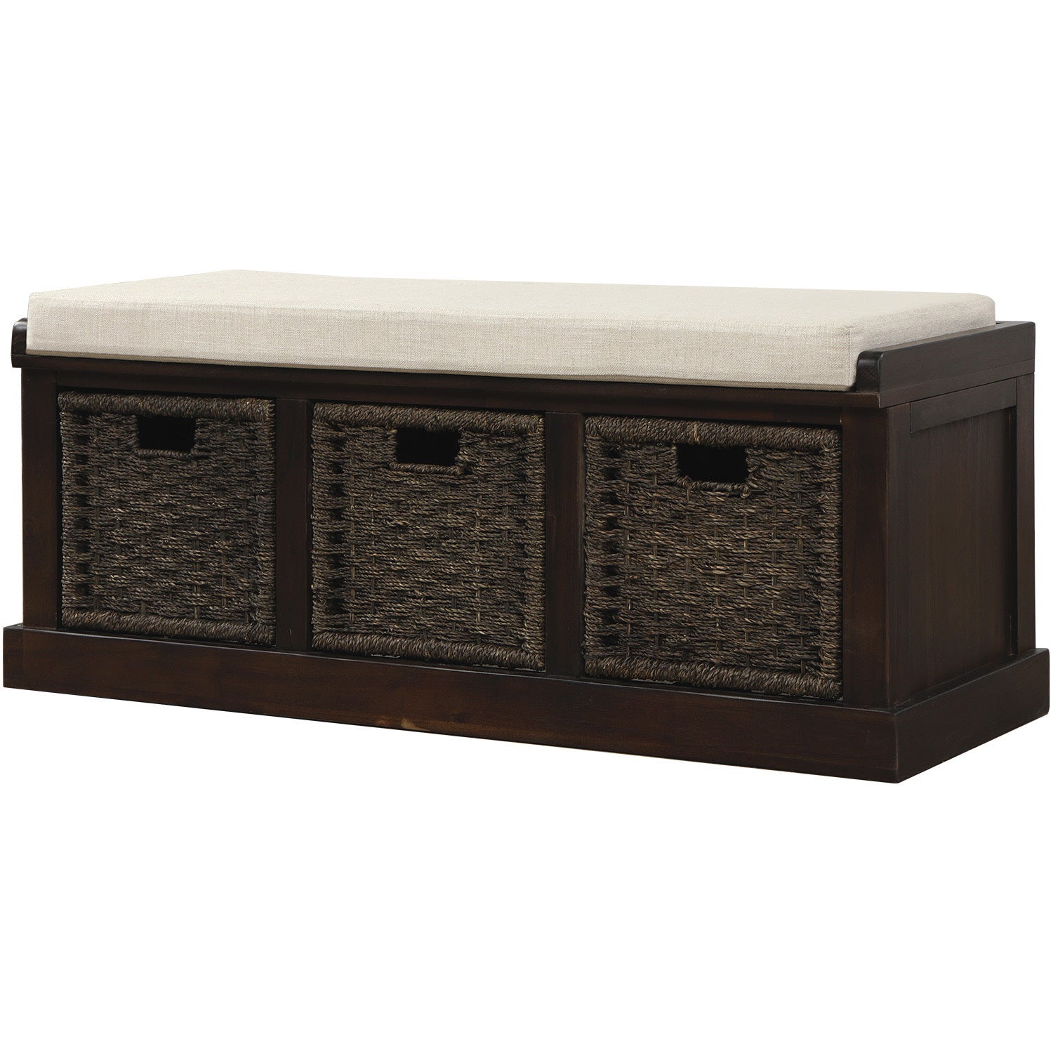 HAOYYE Rustic Storage Bench with 3 Removable Classic Rattan Basket , Entryway Bench with Removable Cushion (Espresso) Sturdy Space-Saving Heavy Duty Modern Design Easy Assembly Durable Stylish