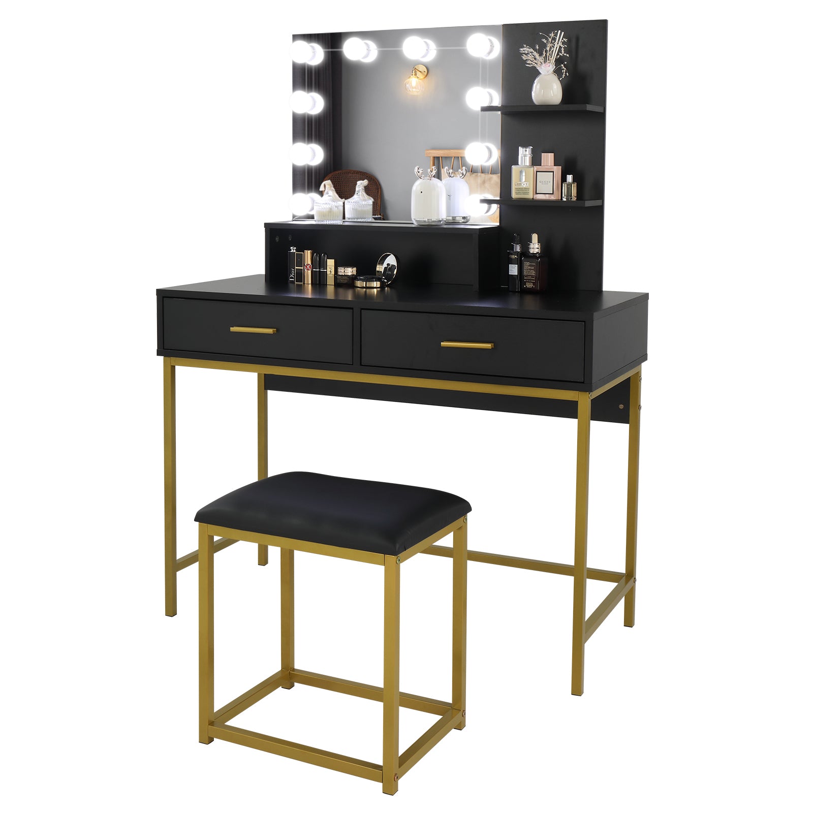 HAOYYE Large Vanity Set with 10 LED Bulbs, Makeup Table with Cushioned Stool, Multiple Storage Shelves and Drawers, Stylish Dressing Table Desk for Bedroom, Modern Black Design for Convenient Makeup and Organization