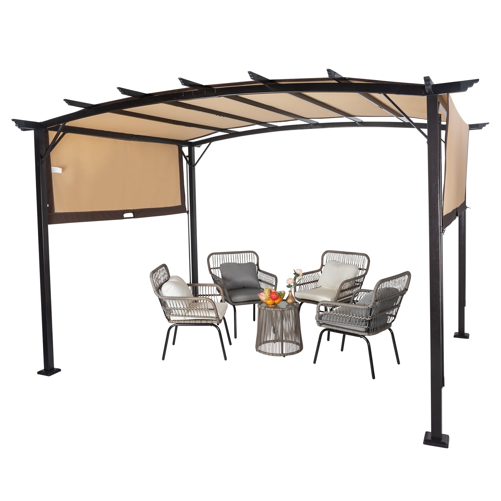 HAOYYE 12.31*9.29*7.45ft Outdoor Rectangular Pergola with Adjustable UV-Resistant Canopy, Aluminum Frame Folding Shade Shed, Curved Top Design with Lockable Sides for Patio, Lawn, Backyard