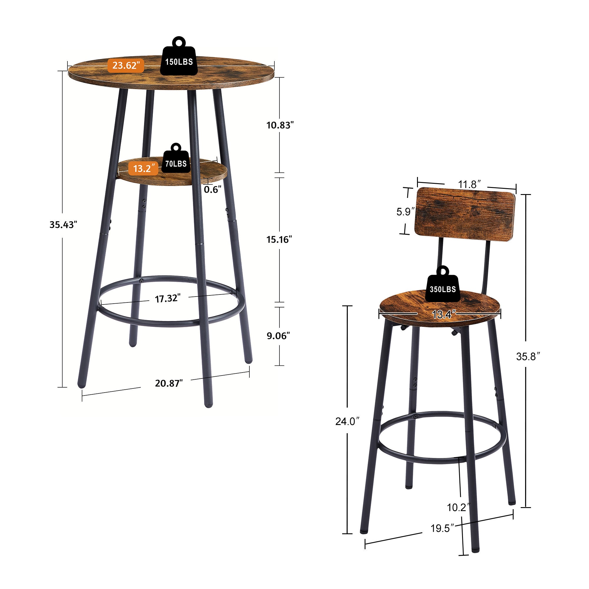 HAOYYE Round Bar Stool Set with Shelves, Stool with Backrest Sturdy Space-Saving Heavy Duty Design, Easy Assembly for Dorm Rooms, Bedrooms, and Modern Living Spaces