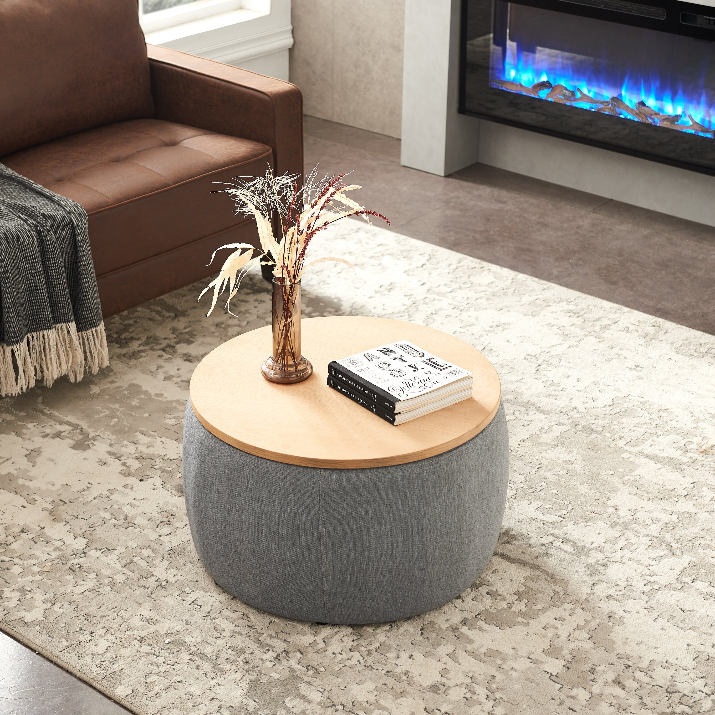 HAOYYE Round Storage Ottoman with 2-in-1 Function, Versatile End Table and Ottoman, Durable Dark Grey Upholstered Ottoman, Sturdy Space-Saving Modern Design, Easy Assembly, Stylish and Functional Home Furniture