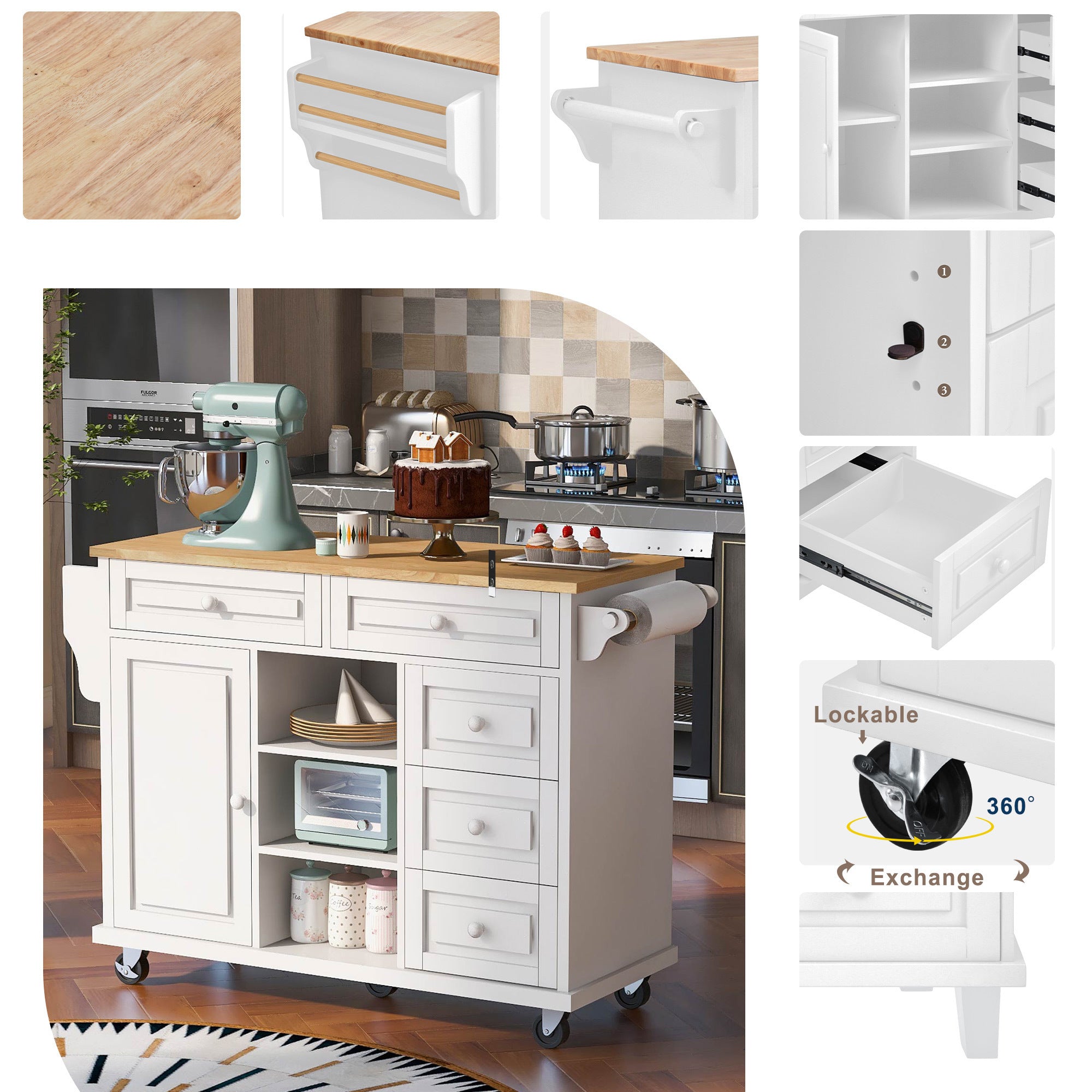 HAOYYE Kitchen cart with Rubber wood desktop rolling mobile kitchen island with storage and 5 draws 53 Inch length(White) Sturdy Space-Saving Heavy Duty Modern Design Adults Dorm Room Easy Assembly