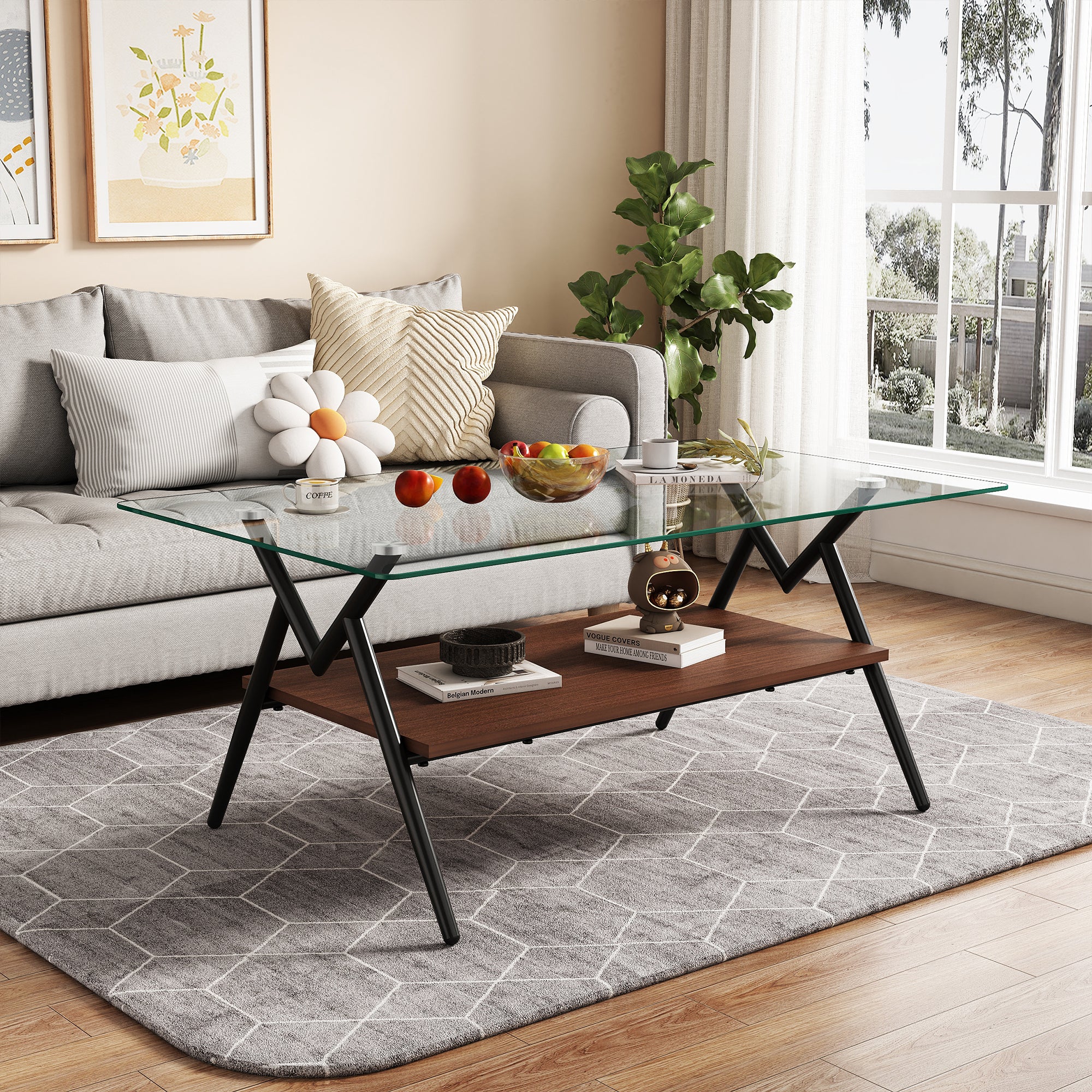 HAOYYE Rectangle Coffee Table with Tempered Glass top and Black Metal Legs, Modern Table for Living Room , Transparent Glass Sturdy Space-Saving Heavy Duty Modern Design Adults Dorm Room Easy Assembly