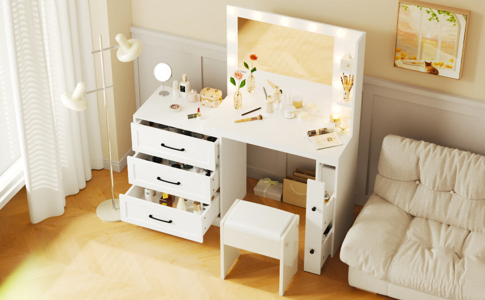 HAOYYE 55.2" Vanity Desk with Freely Adjustable Side Cabinet, Makeup Vanity with Hollywood Lights, 5 Storage Drawers & 2-shelves, Modern Dressing Table, White