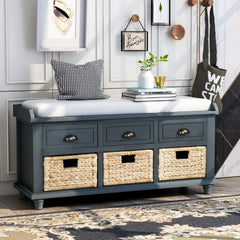 HAOYYE Rustic Storage Bench with Three Drawers and Three Rattan Baskets, Shoe Bench for Living Room or Entryway, Antique Navy, Sturdy Space-Saving Design, Heavy Duty Construction, Easy Assembly, Durable and Stylish Home Furniture