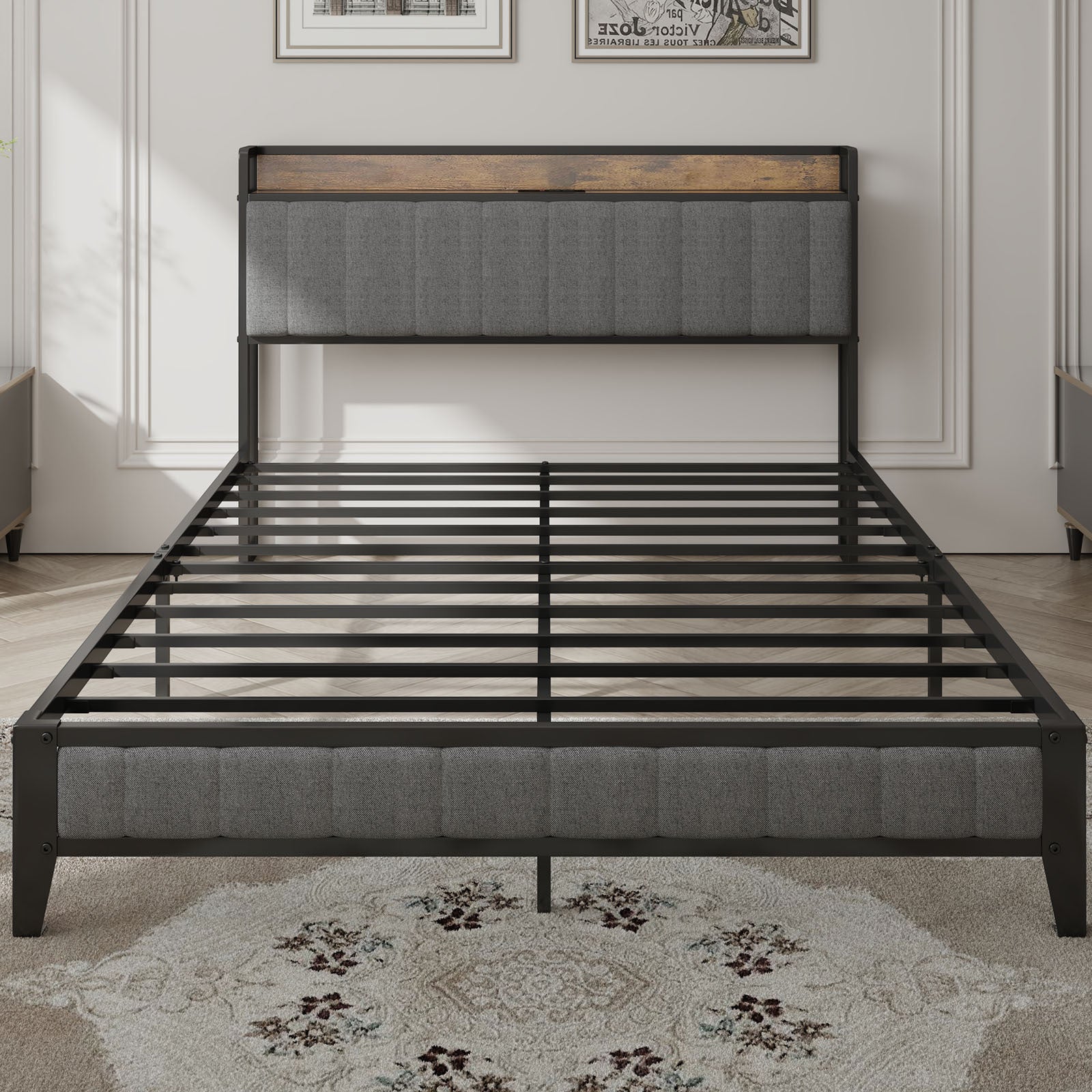 HAOYYE Queen Size Bed Frame with Charging Station, Upholstered Headboard, Metal Platform, Grey Sturdy Space-Saving Heavy Duty Modern Design Adults Dorm Room Easy Assembly Bedroom Furniture