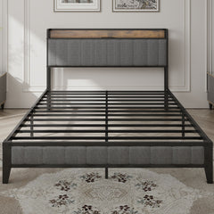HAOYYE Queen Size Bed Frame with Charging Station, Upholstered Headboard, Metal Platform, Grey Sturdy Space-Saving Heavy Duty Modern Design Adults Dorm Room Easy Assembly Bedroom Furniture