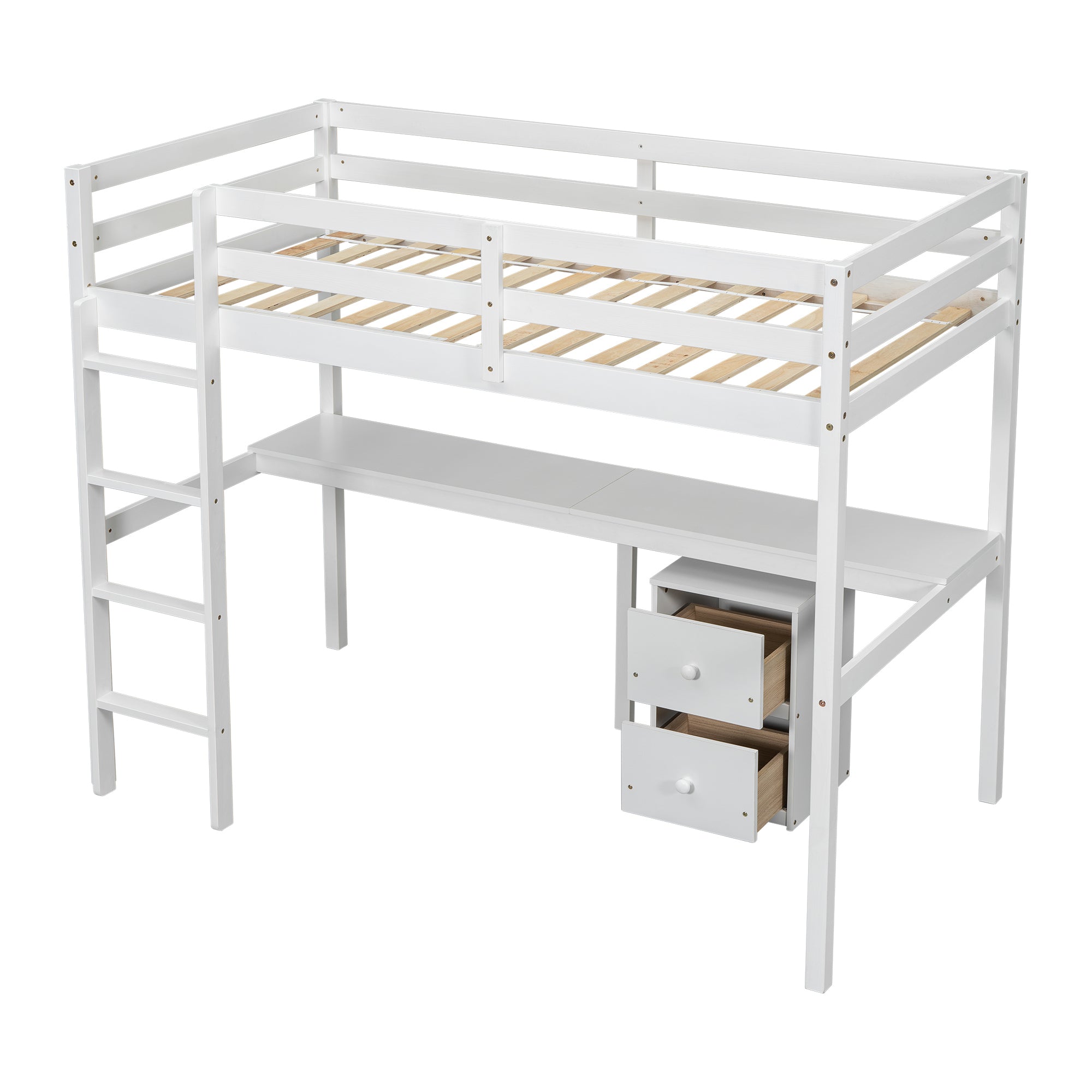 HAOYYE Twin Loft Wood Bed with Under-Bed Built-In Desk and Two-Drawer Storage Cabinet, Guardrails, and Ladder, White Sturdy Space-Saving Design, Heavy Duty Construction, Easy Assembly, Durable Stylish Home Furniture
