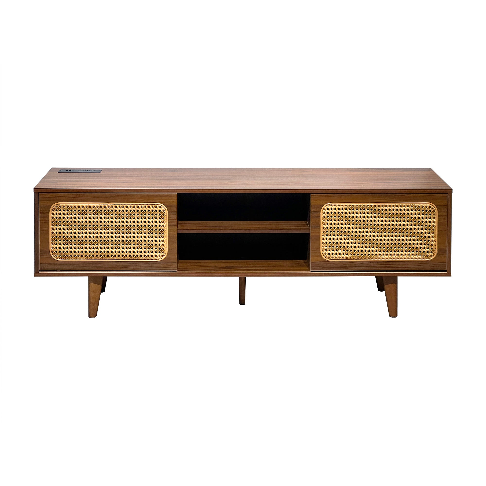 HAOYYE Mid Century Modern Rattan TV Stand for 55/60/65 inch TV , Entertainment Cabinet, Media Console for Living Room Bedroom Media Room, Solid Wood Feet & Rattan Cabinet Doors (Walnut, 59") Sturdy