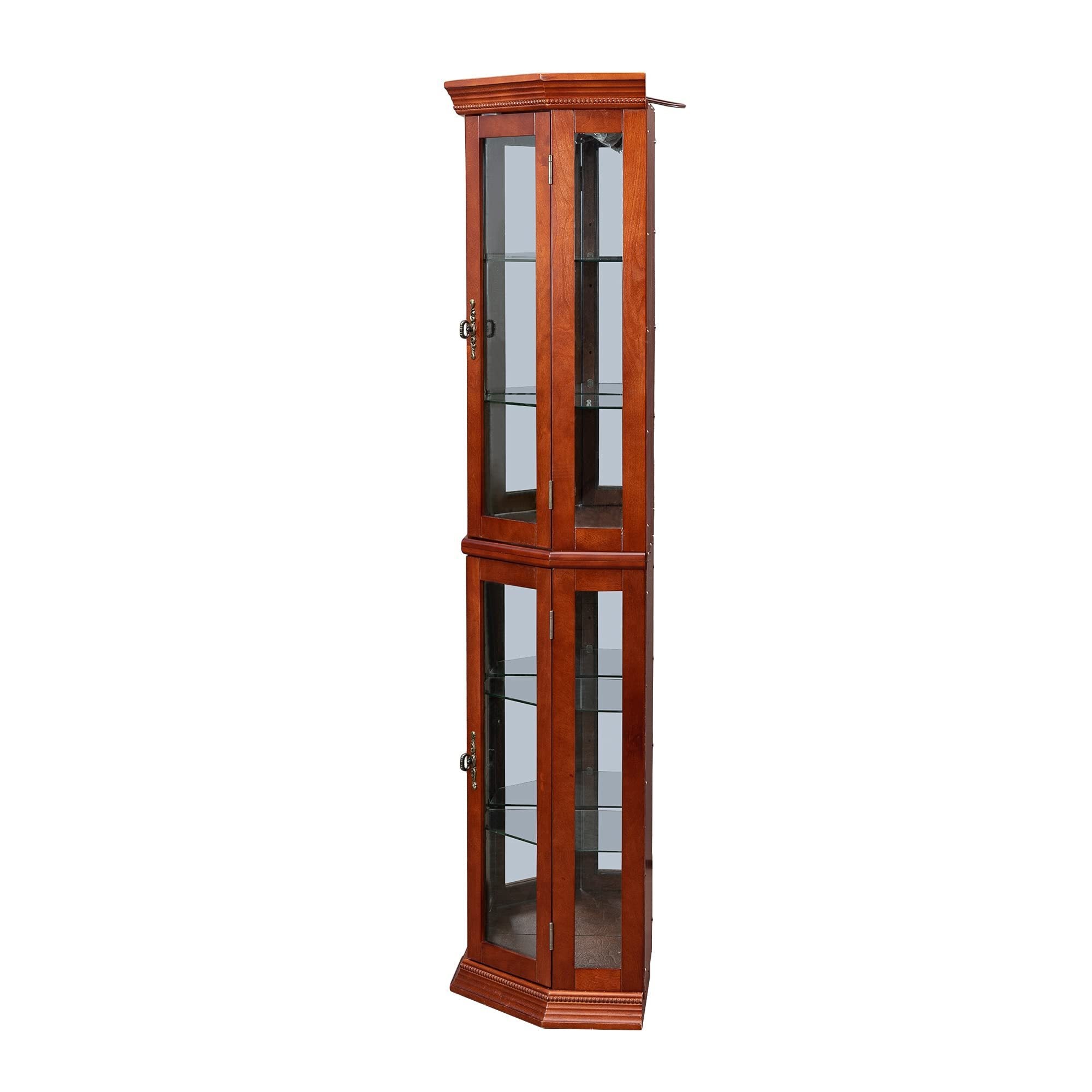 HAOYYE Corner Curio Cabinet with Lights, Adjustable Tempered Glass Shelves, Mirrored Back, Display Cabinet,Light Walnut (E26 light bulb not included) Sturdy Space-Saving Heavy Duty Modern Design Adults