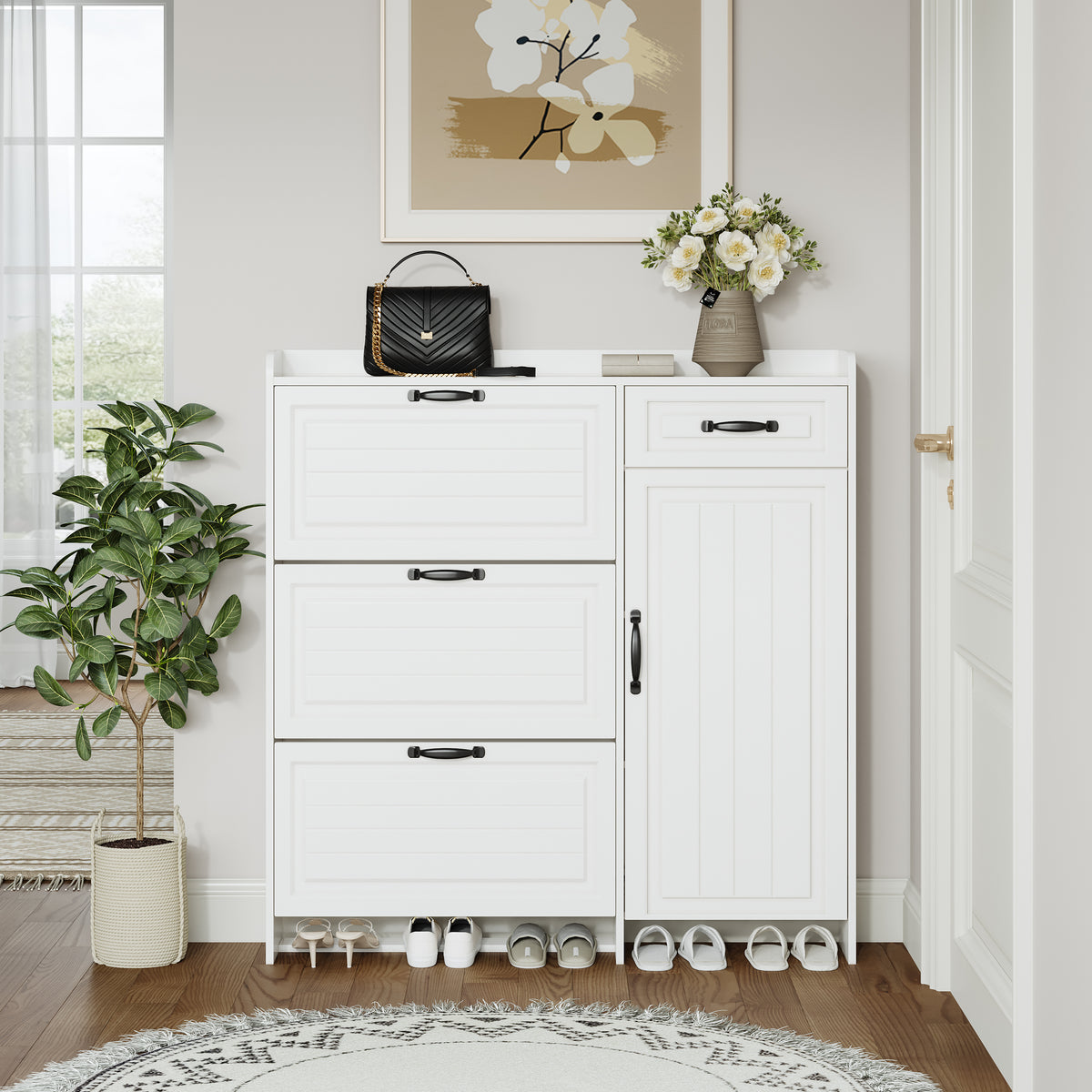 HAOYYE White Shoe Cabinet With 4 Doors And 1 Drawer, Large Storage Capacity, Modern Sturdy Space-Saving Design For Bedrooms And Dorm Rooms, Heavy Duty Construction, Easy To Assemble