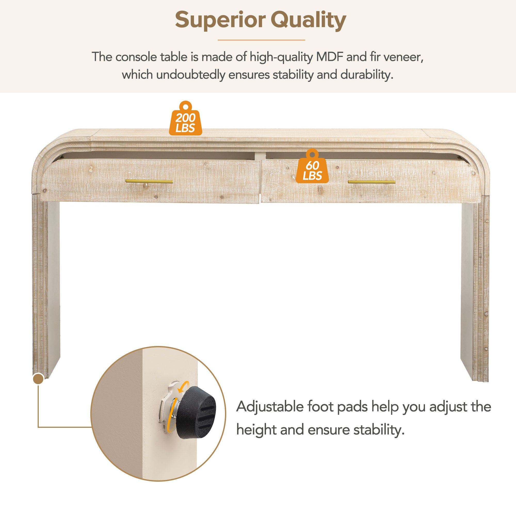 HAOYYE Unique Retro Silhouette Console Table with Open Style, Two Top Drawers for Entrance, Dining Room, Living Room, Natural Wood Wash Finish, Sturdy Space-Saving Heavy Duty Modern Design, Ideal for Adults