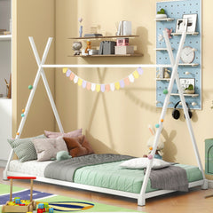HAOYYE Metal Twin Size House Platform Bed with Triangle Structure, White Sturdy Space-Saving Heavy Duty Modern Design Adults Dorm Room Easy Assembly Bedroom Furniture