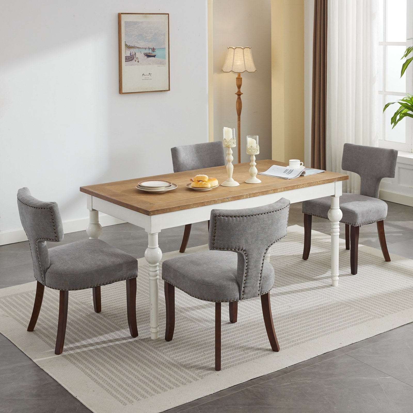HAOYYE Mid Century Modern Dining Chairs Set of 2, Farmhouse Linen Fabric Upholstered Accent Chair Curved Backrest with Copper Nails around,Kitchen Chairs with Hardwood Frame, Gray Sturdy Space-Saving Durable