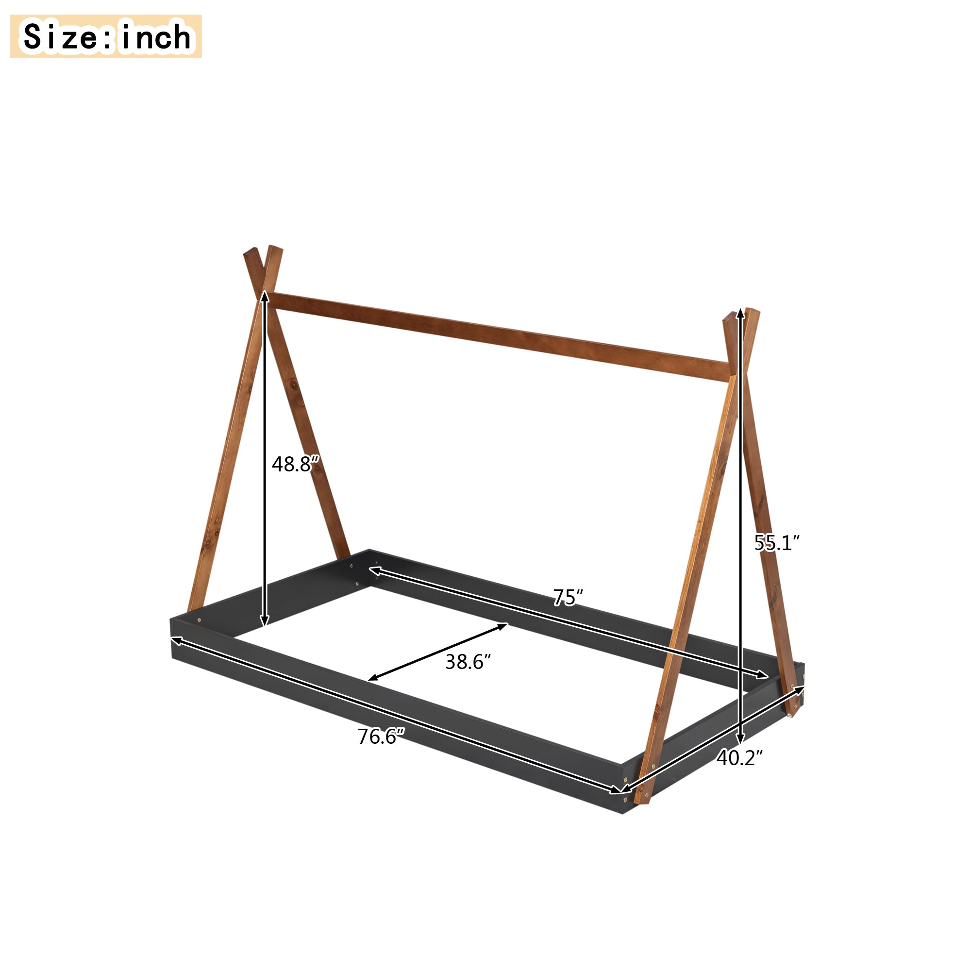 HAOYYE Twin Size Tent Floor Bed with Triangle Structure, Black+Brown Sturdy Space-Saving Heavy Duty Modern Design Easy Assembly Durable Stylish Home Furniture Versatile