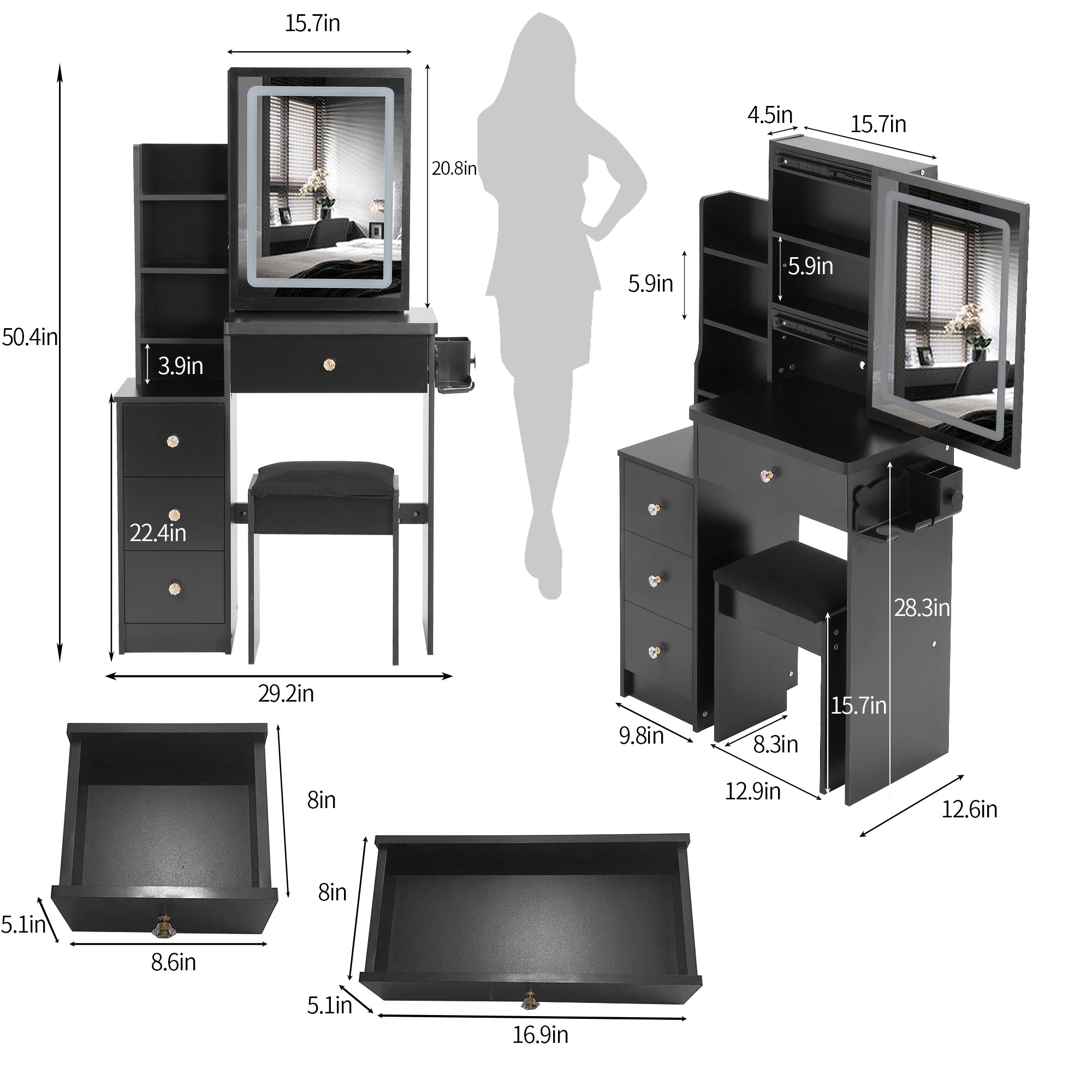 HAOYYE Small Size Left Bedside Cabinet Vanity Table + Cushioned Stool, 2 AC+2 USB Power Station, Hair dryer bracket, Extra Large Touch Control Sliding LED Mirror, Tri-color Switching, EPA,GCC,UL Certificate