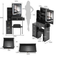 HAOYYE Small Size Left Bedside Cabinet Vanity Table + Cushioned Stool, 2 AC+2 USB Power Station, Hair dryer bracket, Extra Large Touch Control Sliding LED Mirror, Tri-color Switching, EPA,GCC,UL Certificate