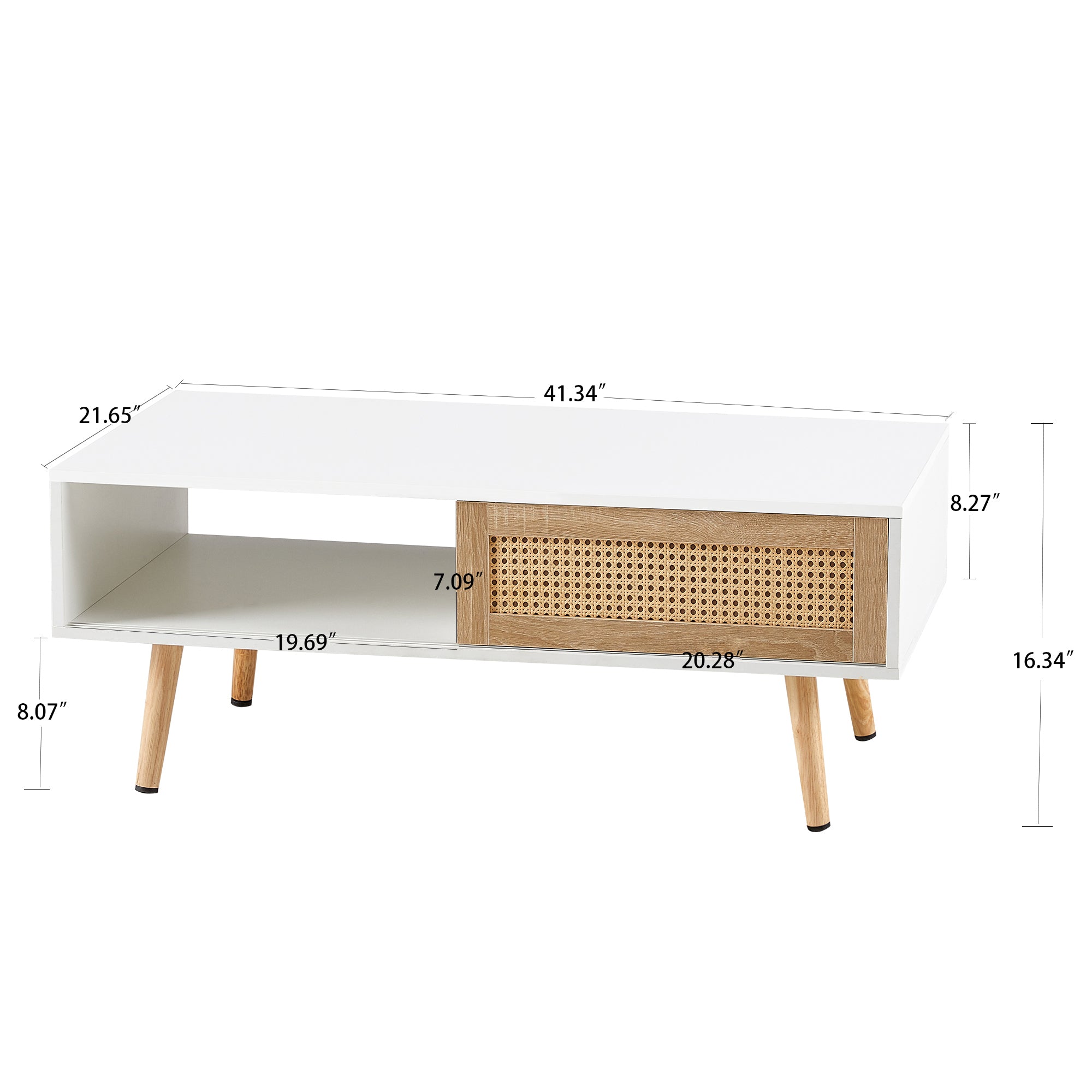 HAOYYE 41.34" Rattan Coffee Table with Sliding Door Storage, Solid Wood Legs, Modern Design for Living Room, White, Sturdy Space-Saving Heavy Duty Construction, Easy Assembly, Ideal for Adults and Dorm Rooms