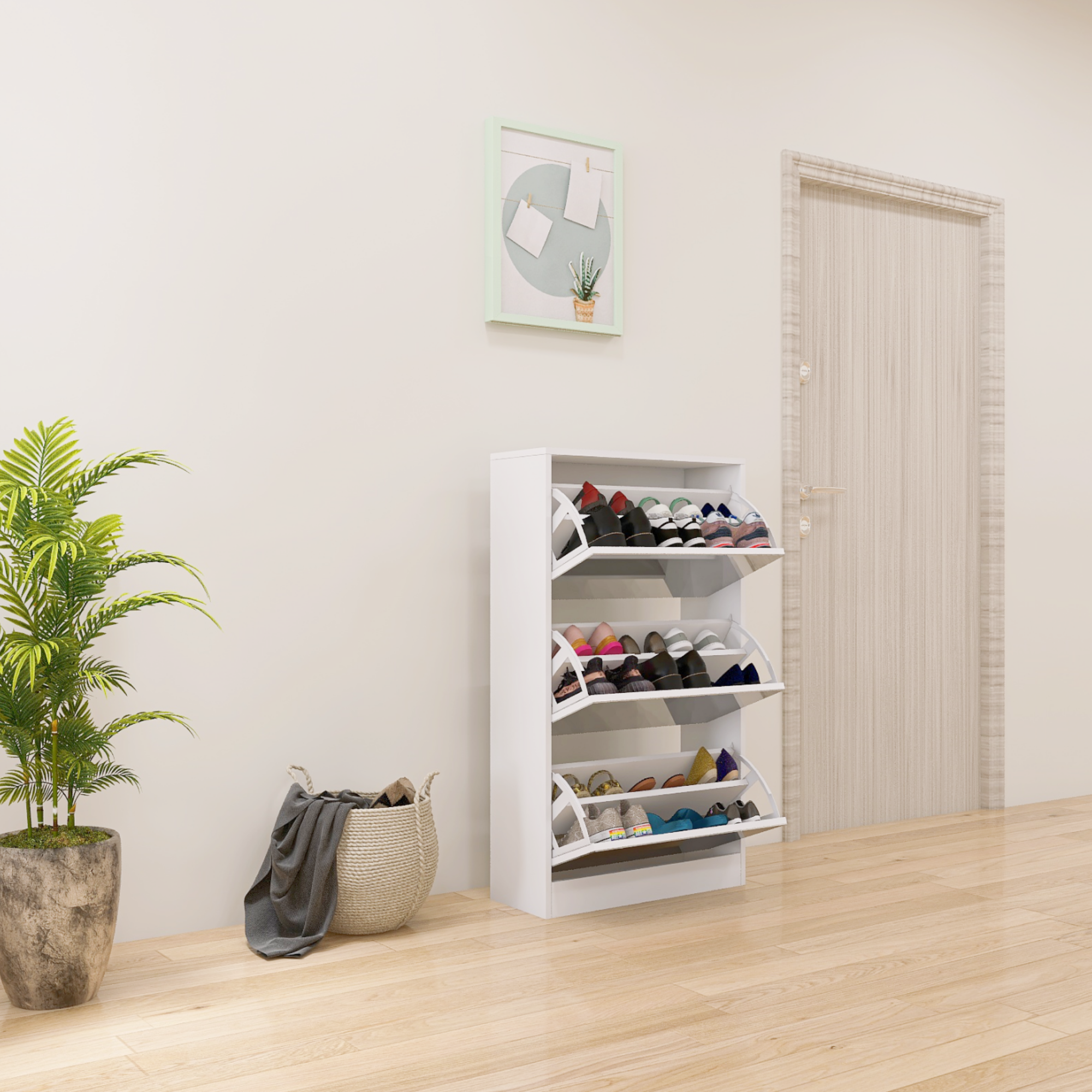 HAOYYE Narrow Shoe Storage Cabinet with Mirror, Wood Slim Shoe Rack 3 Tier Shoe Organizer for Home and Apartment, White Sturdy Space-Saving Heavy Duty Modern Design Adults Dorm Room Easy Assembly