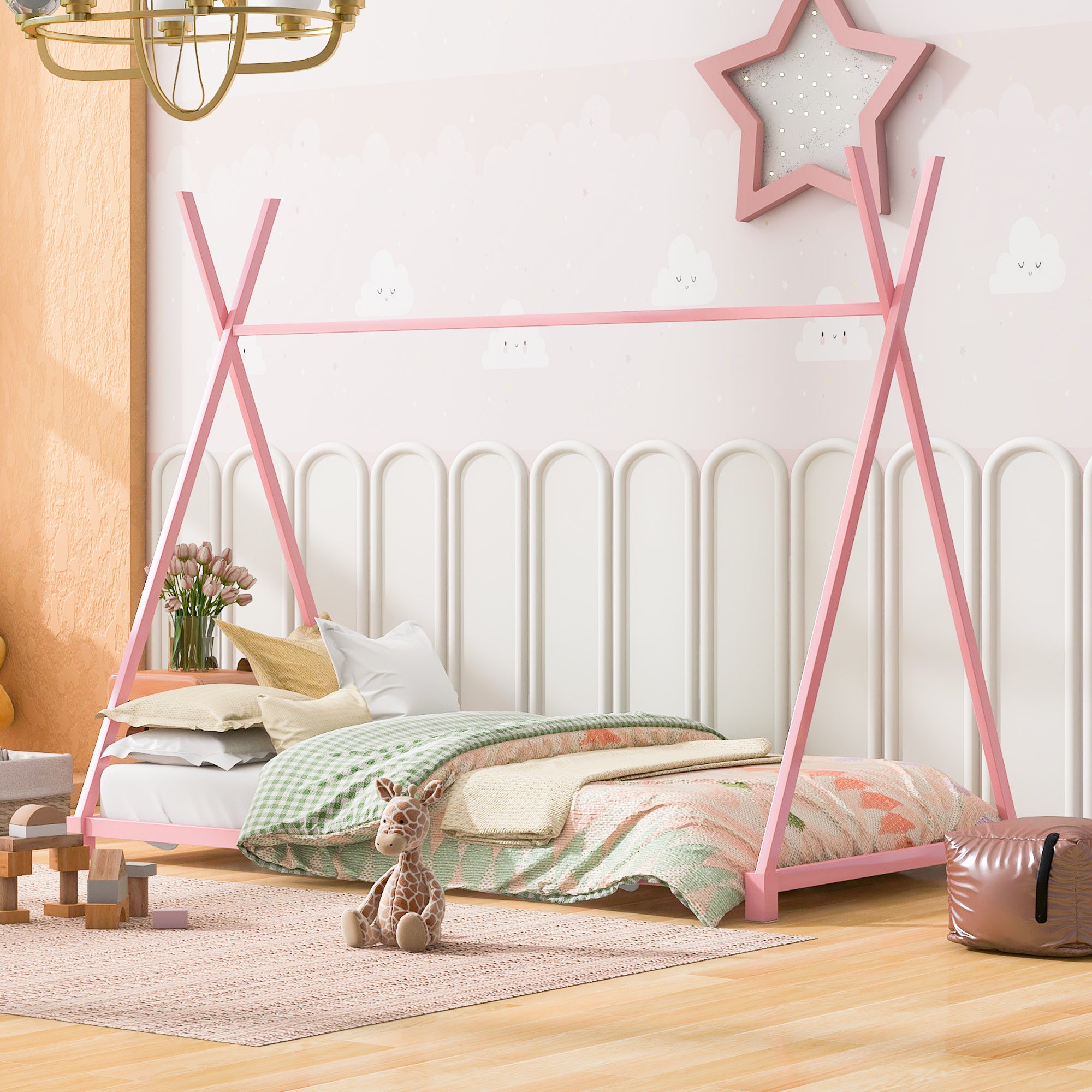 HAOYYE Metal Twin Size House Platform Bed with Triangle Structure, Pink Sturdy Space-Saving Heavy Duty Modern Design Adults Dorm Room Easy Assembly Bedroom Furniture