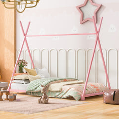 HAOYYE Metal Twin Size House Platform Bed with Triangle Structure, Pink Sturdy Space-Saving Heavy Duty Modern Design Adults Dorm Room Easy Assembly Bedroom Furniture