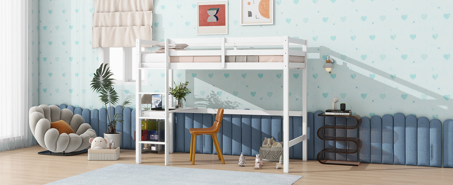 HAOYYE Twin High Loft Bed, Rubber Wood Loft Bed with Safety Guardrail, built-in desk, ladder,White Sturdy Space-Saving Heavy Duty Modern Design Adults Dorm Room Easy Assembly Bedroom Furniture