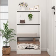 HAOYYE Narrow Shoe Storage Cabinet with Mirror, Wood Slim Shoe Rack 3 Tier Shoe Organizer for Home and Apartment, White Sturdy Space-Saving Heavy Duty Modern Design Adults Dorm Room Easy Assembly