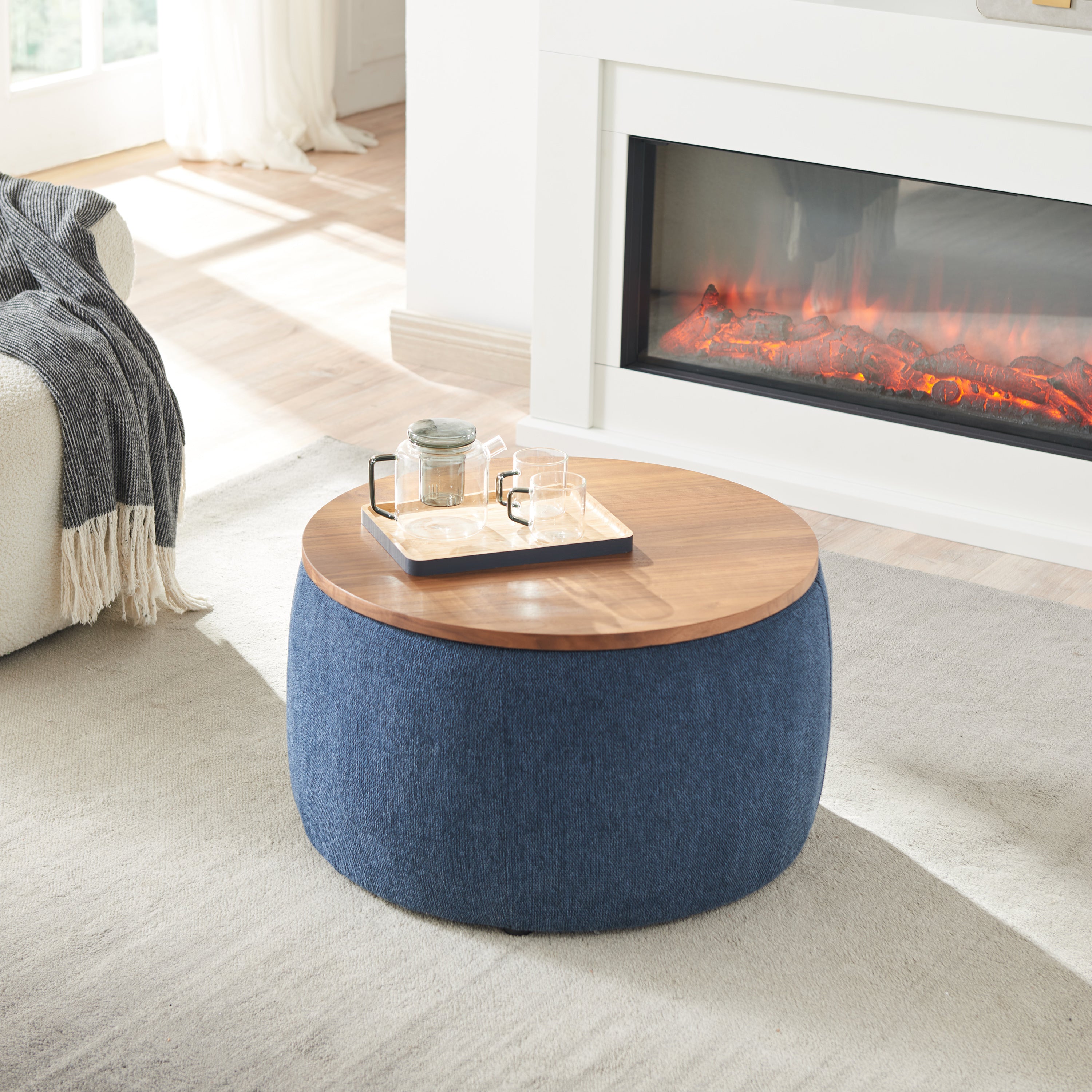 HAOYYE Round Storage Ottoman, 2 in 1 Function, Work as End table and Ottoman, Navy Sturdy Space-Saving Heavy Duty Modern Design Easy Assembly Durable Stylish Home Furniture Versatile